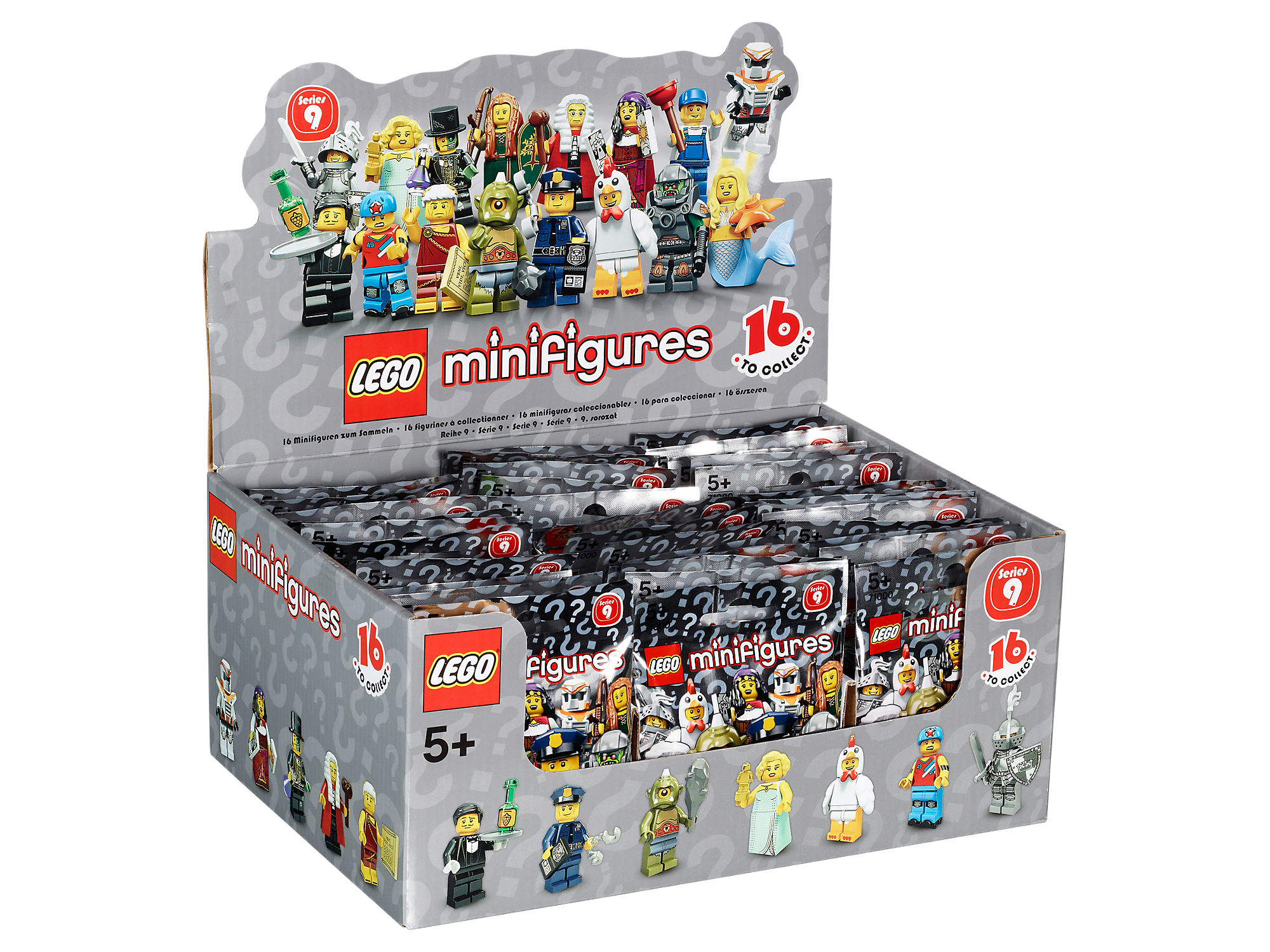 Scatola LEGO Minifigures con vari pacchetti di minifigure, con un'esposizione di personaggi.