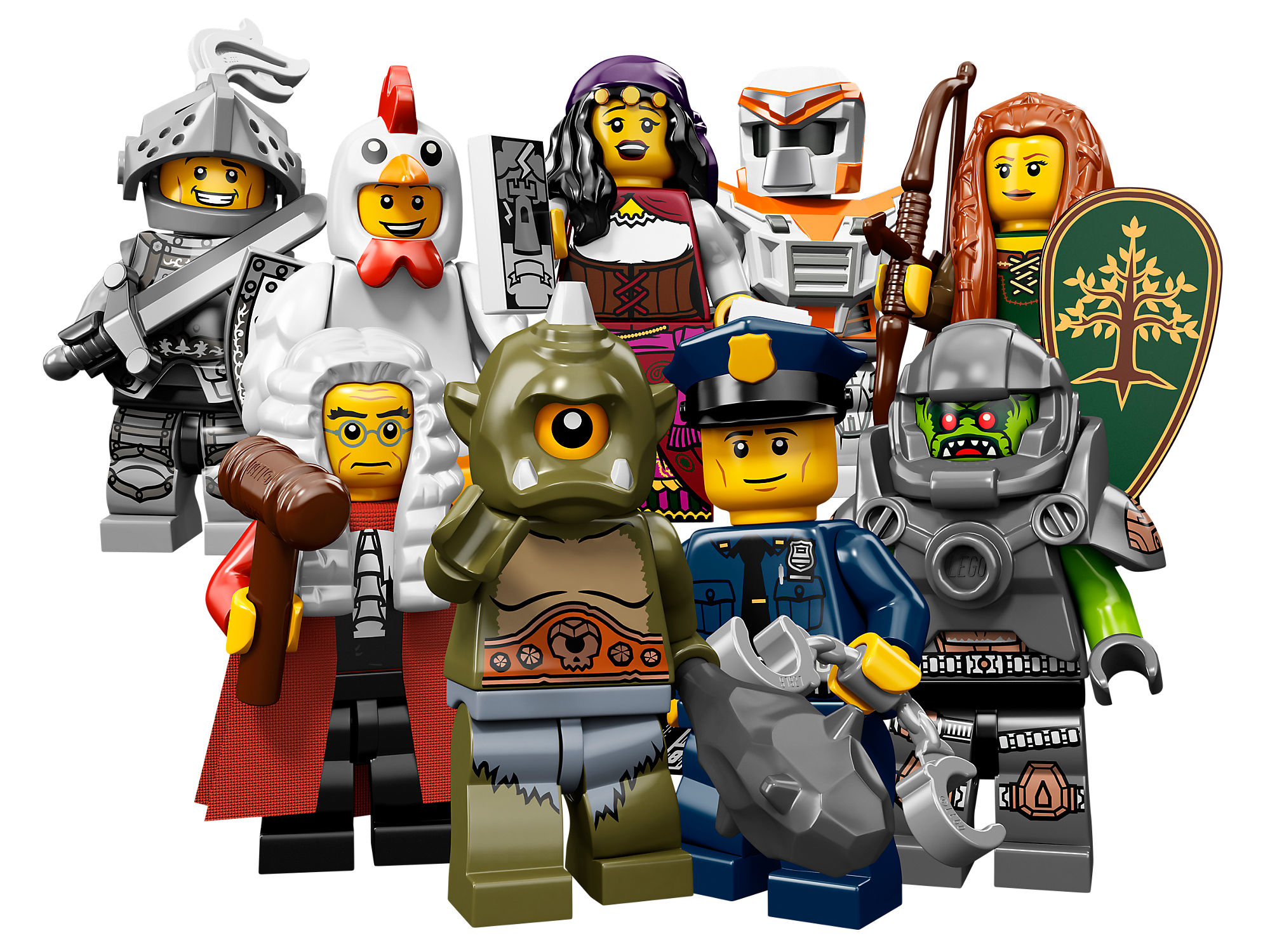 Minifigure Lego. Sono mostrati vari personaggi, tra cui un cavaliere, un tizio in costume da pollo e un giudice.
