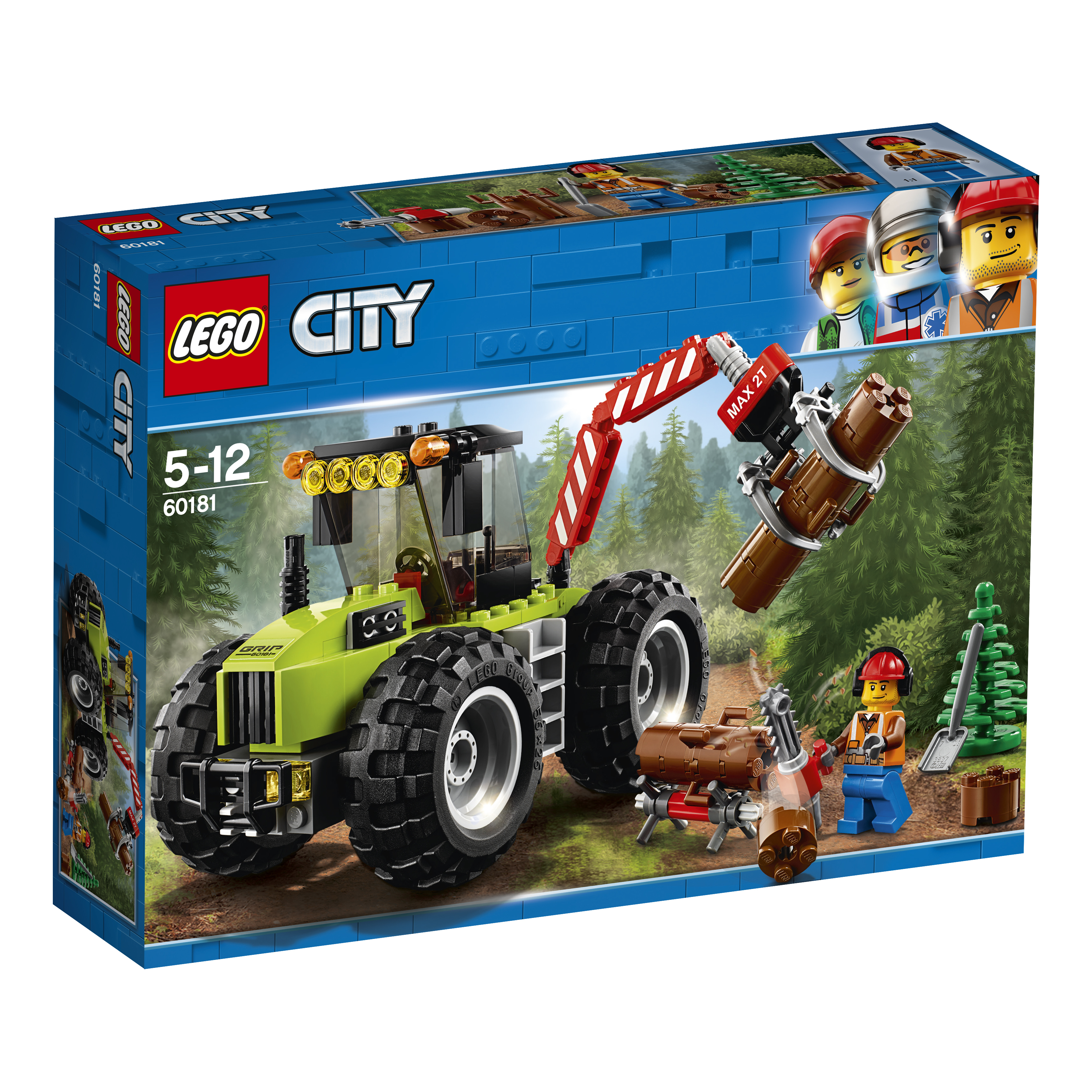 Scatola Lego City. È raffigurato un trattore verde con una gru. Un uomo e un albero sono in primo piano.
