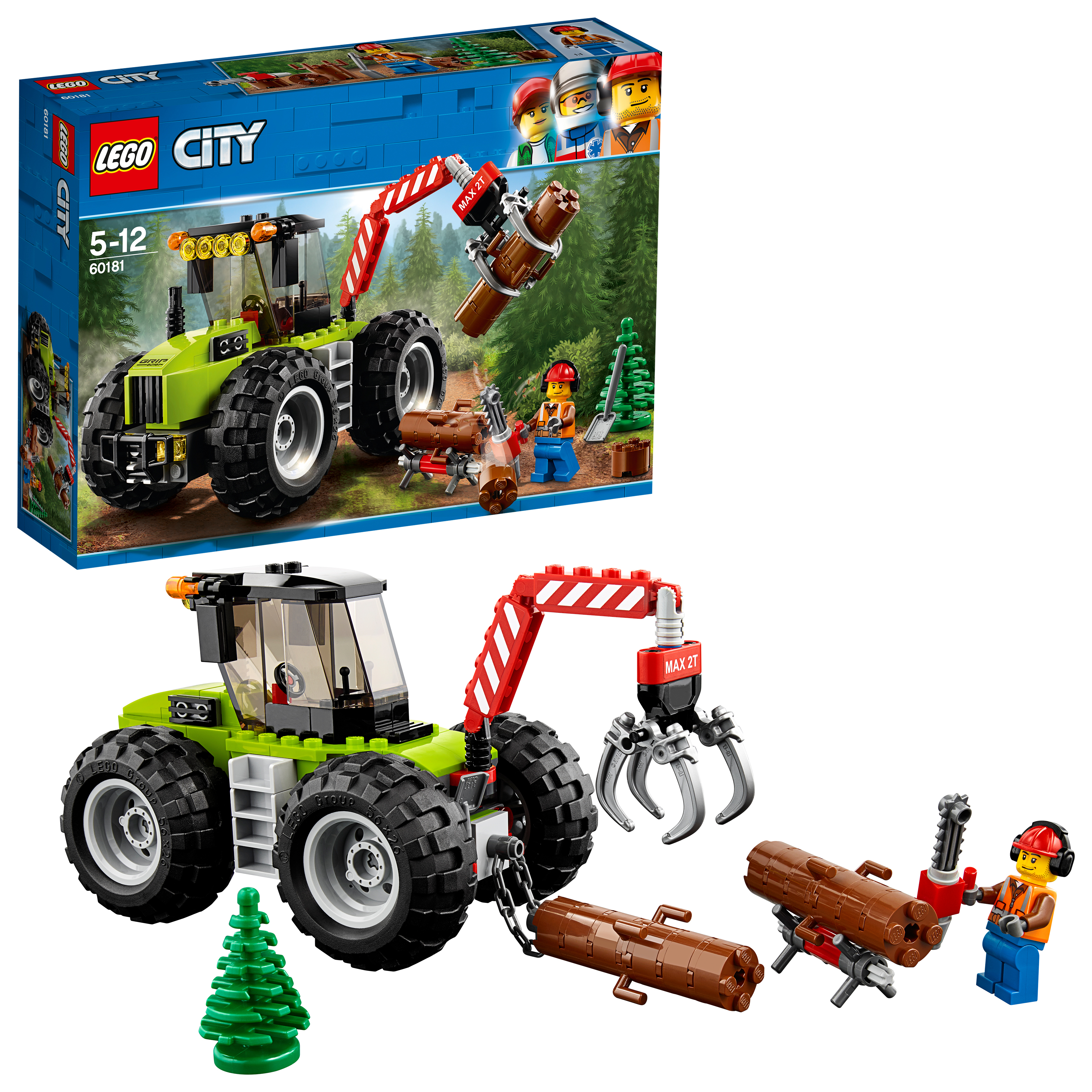 Set LEGO City: Un camion per legname verde con personaggi, tronchi e alberi.