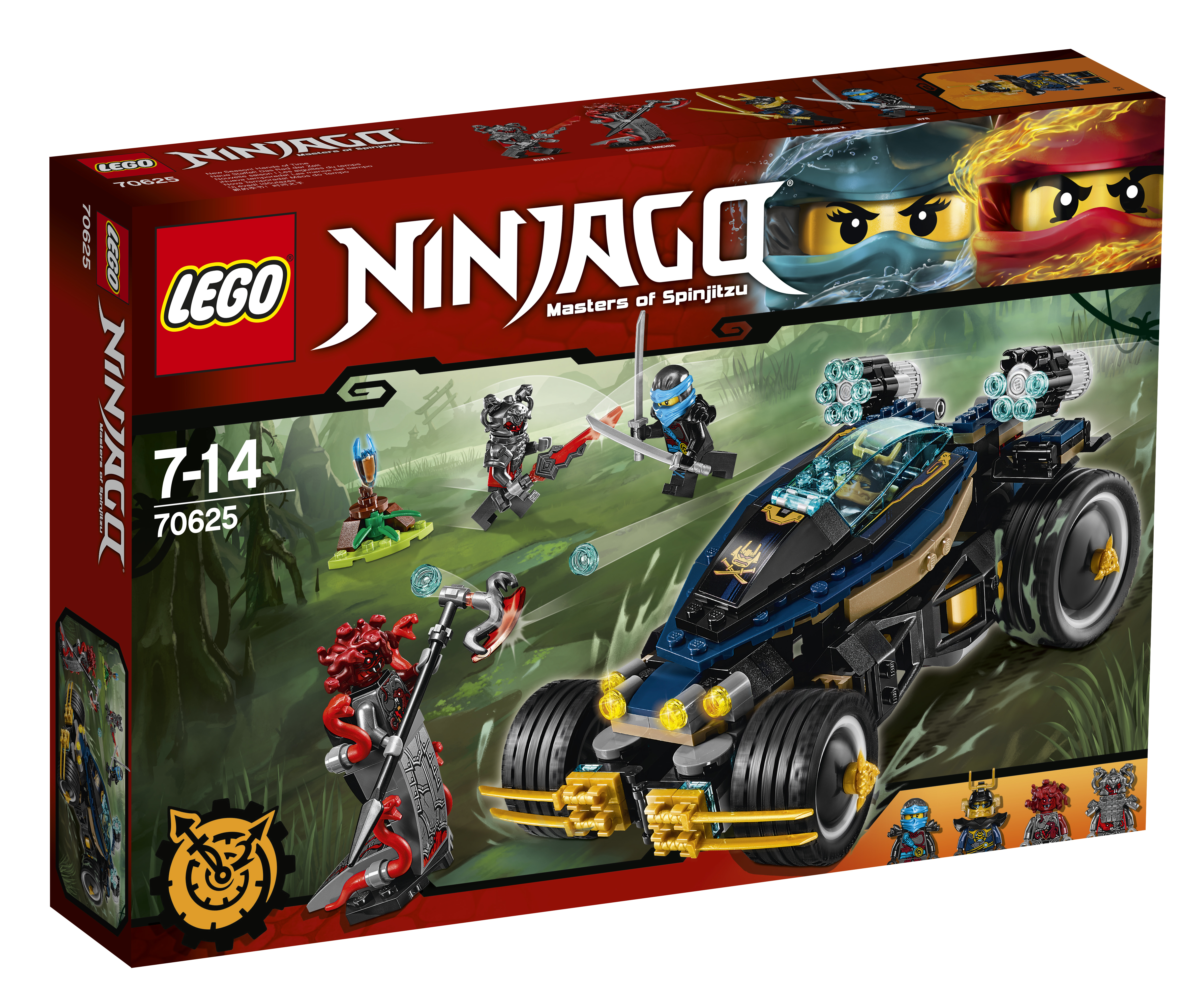 Pudełko zestawu Lego Ninjago. Zawiera czarno-niebieski pojazd, figurki ninja i różne elementy akcji.