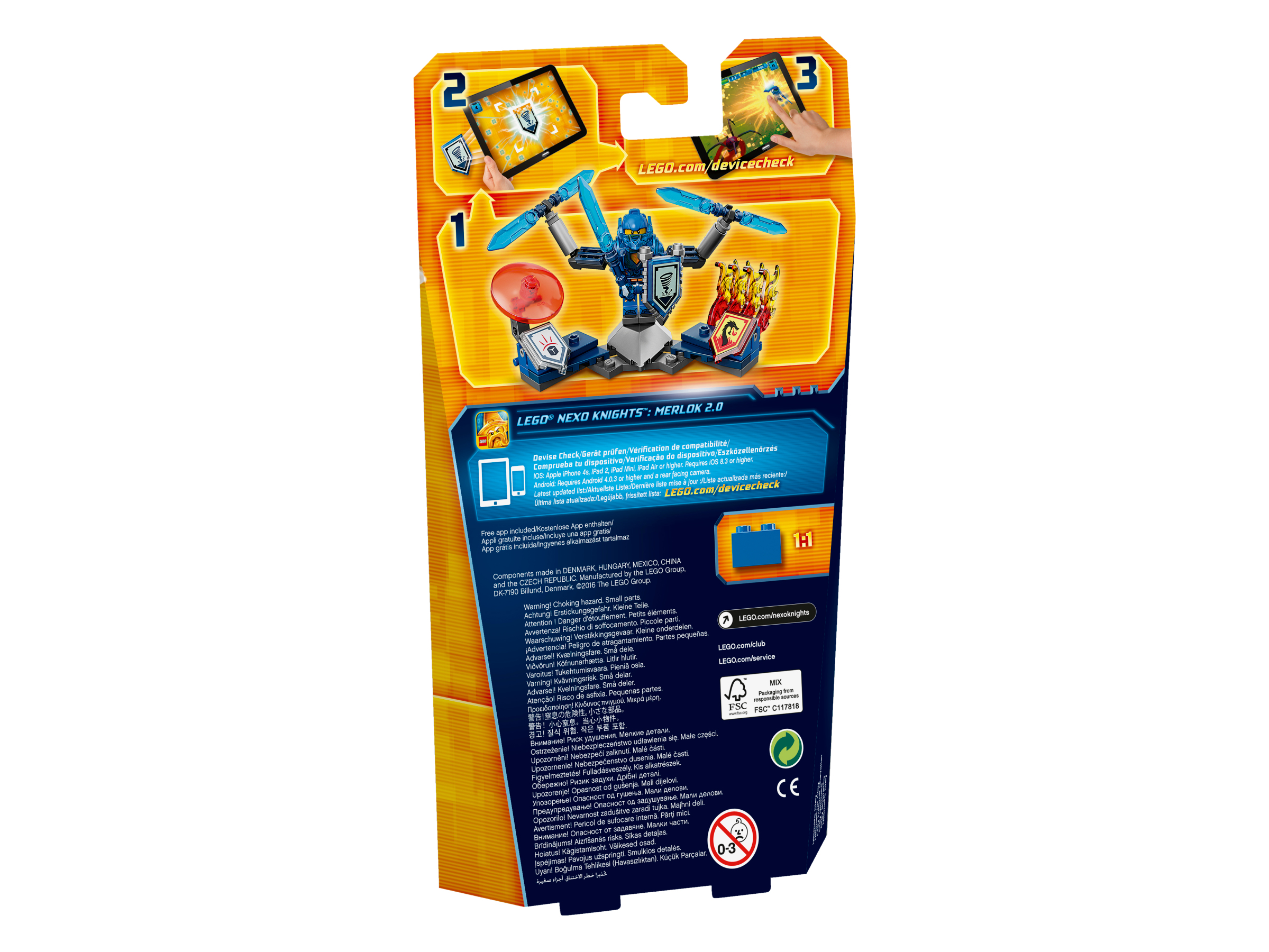 Retro della scatola Lego Nexo Knights. Mostra una figura blu con scene d'azione. Lo sfondo è una sfumatura gialla.