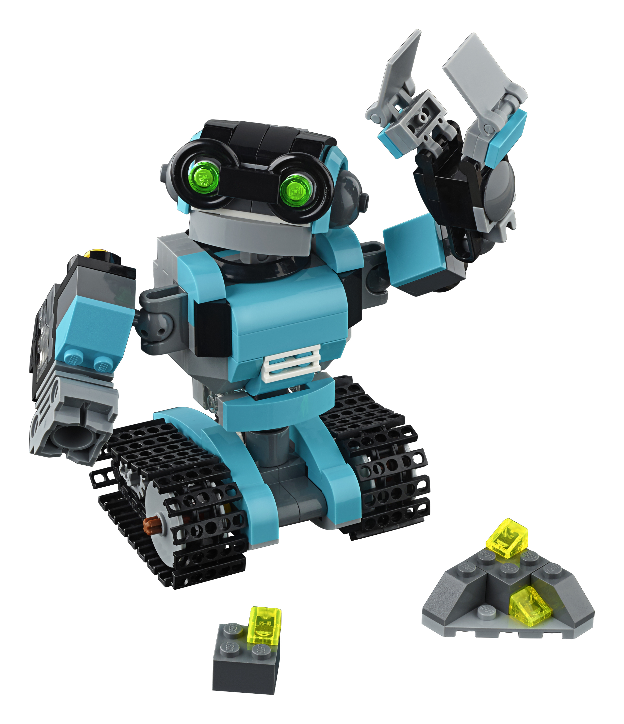 Model robota Lego Boost, turkusowy i szary, z szarą skałą i żółtymi kryształami.