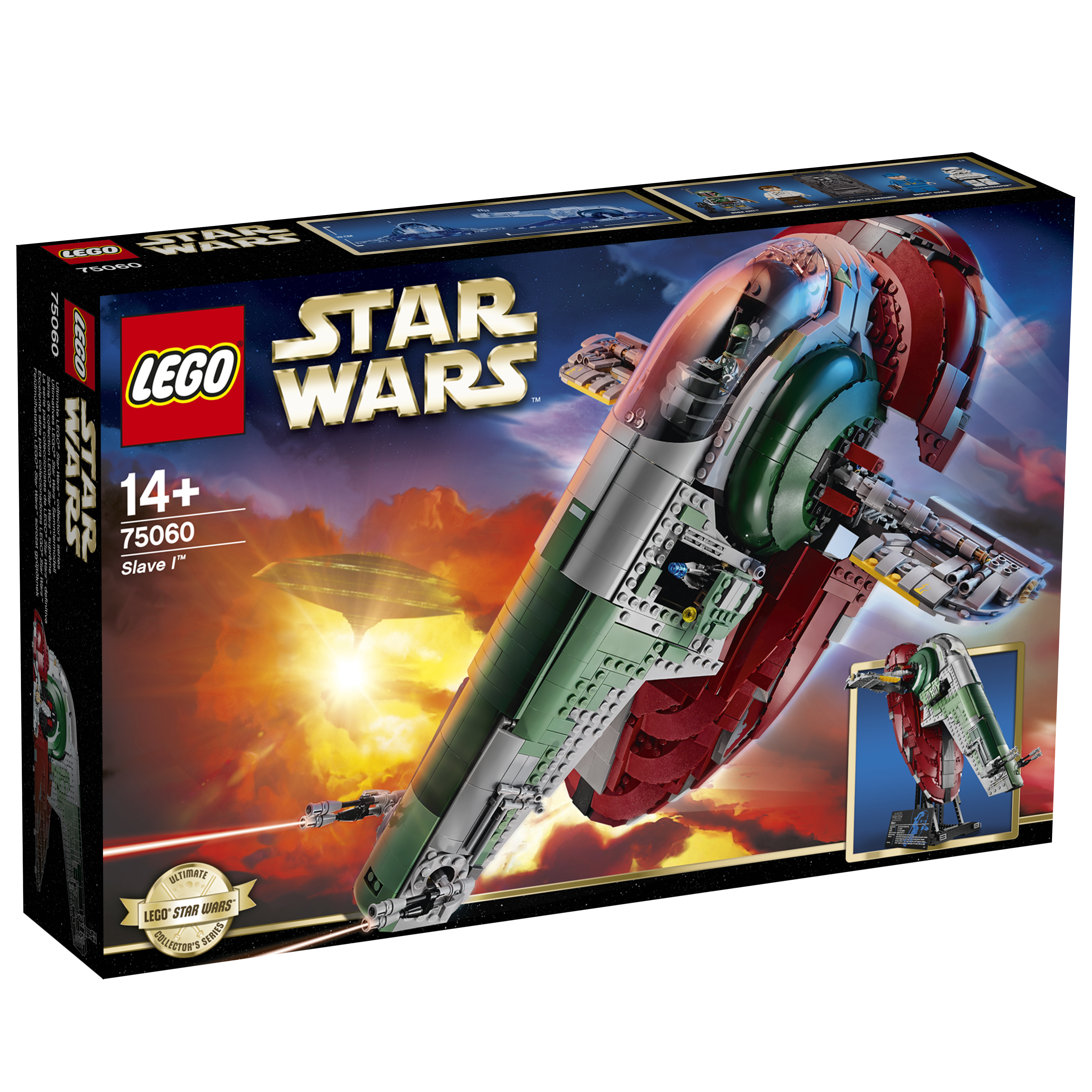 Lego Star Wars Slave 1 doos. De doos toont het schip met een rood en groen kleurenschema.
