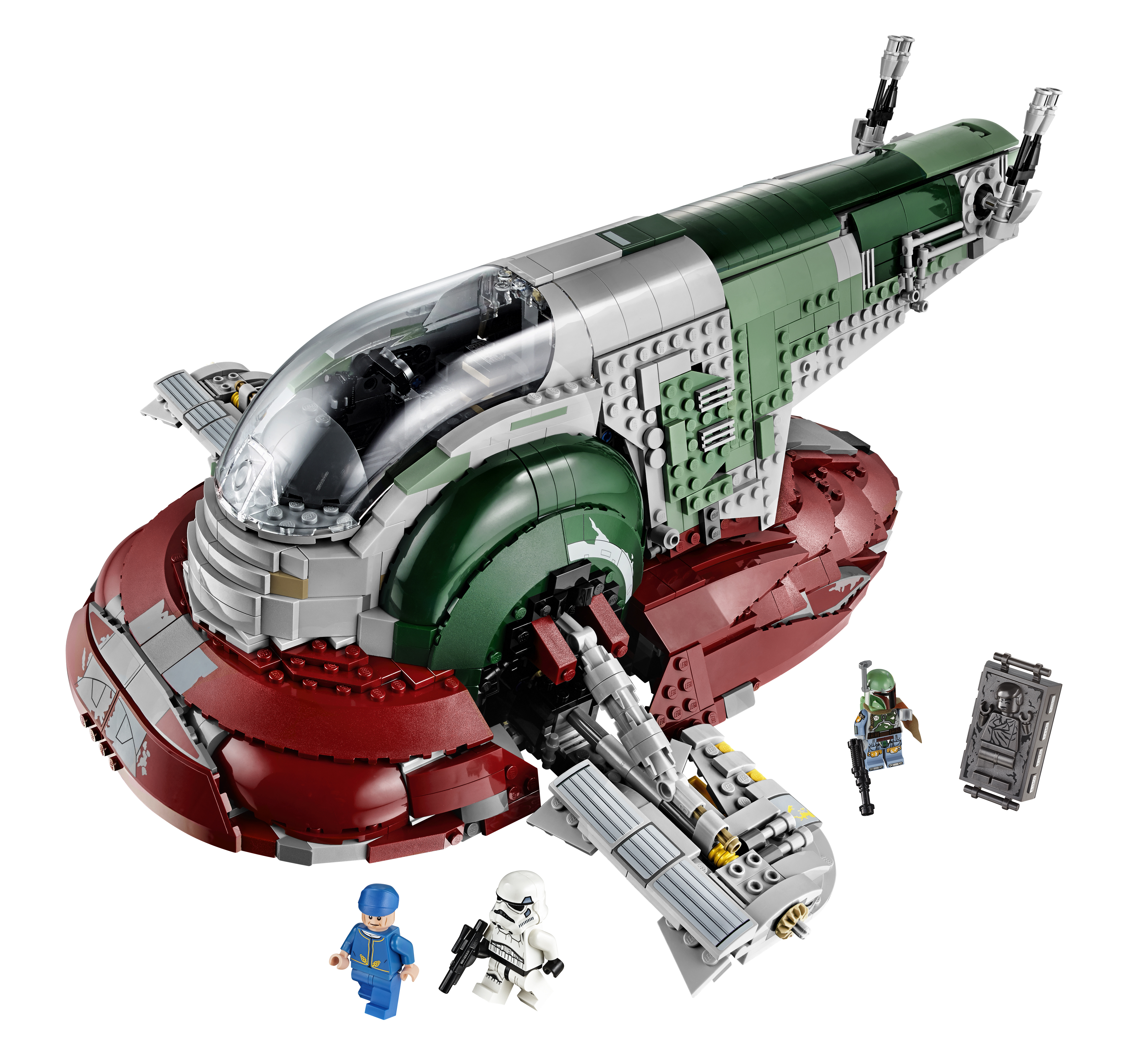 Lego Star Wars Slave 1 set. Een ruimteschip met een donkerrood en groen kleurenschema, samen met minifiguren.