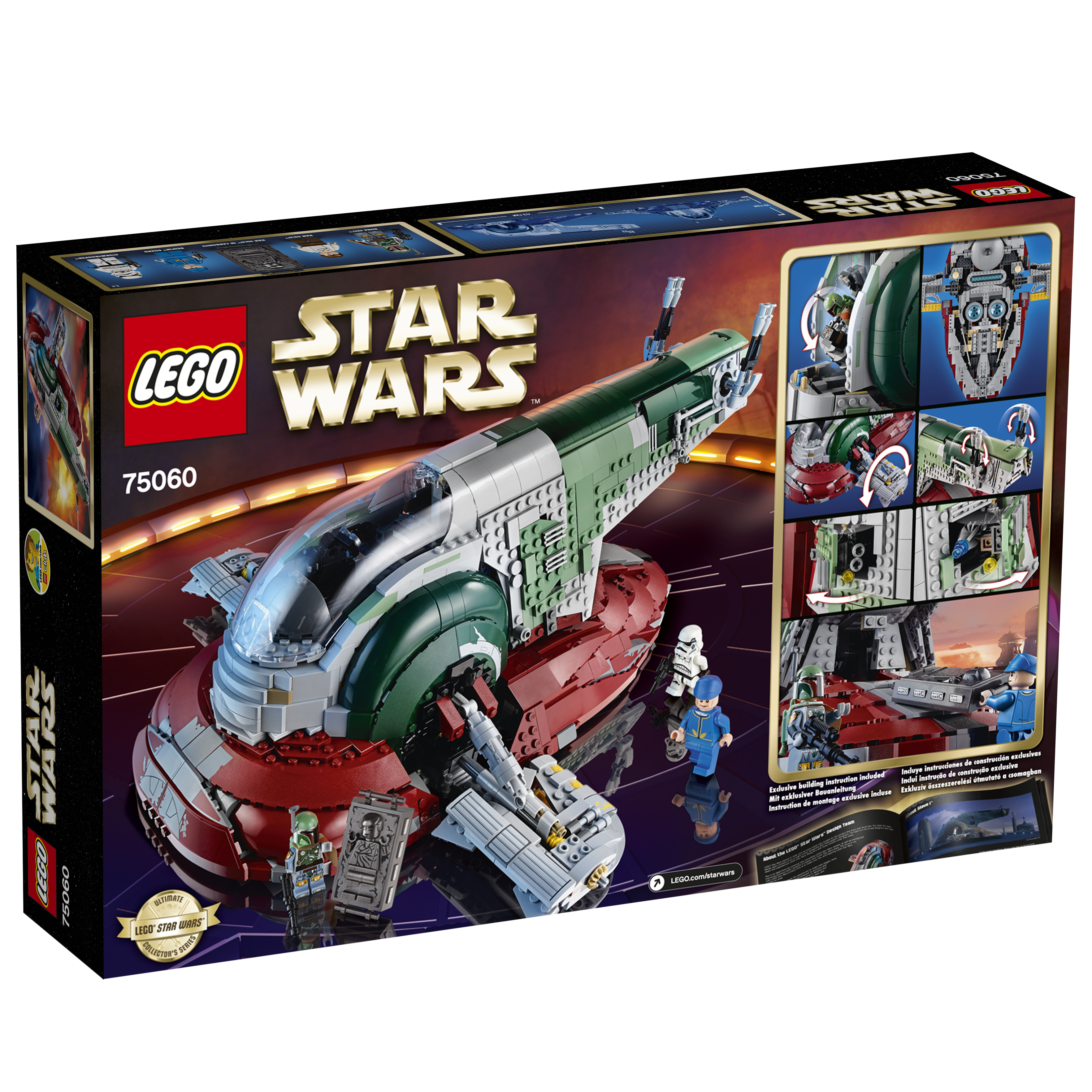 Lego Star Wars doos. Het ruimteschip Slave I is afgebeeld. Personages en details van het schip worden getoond.
