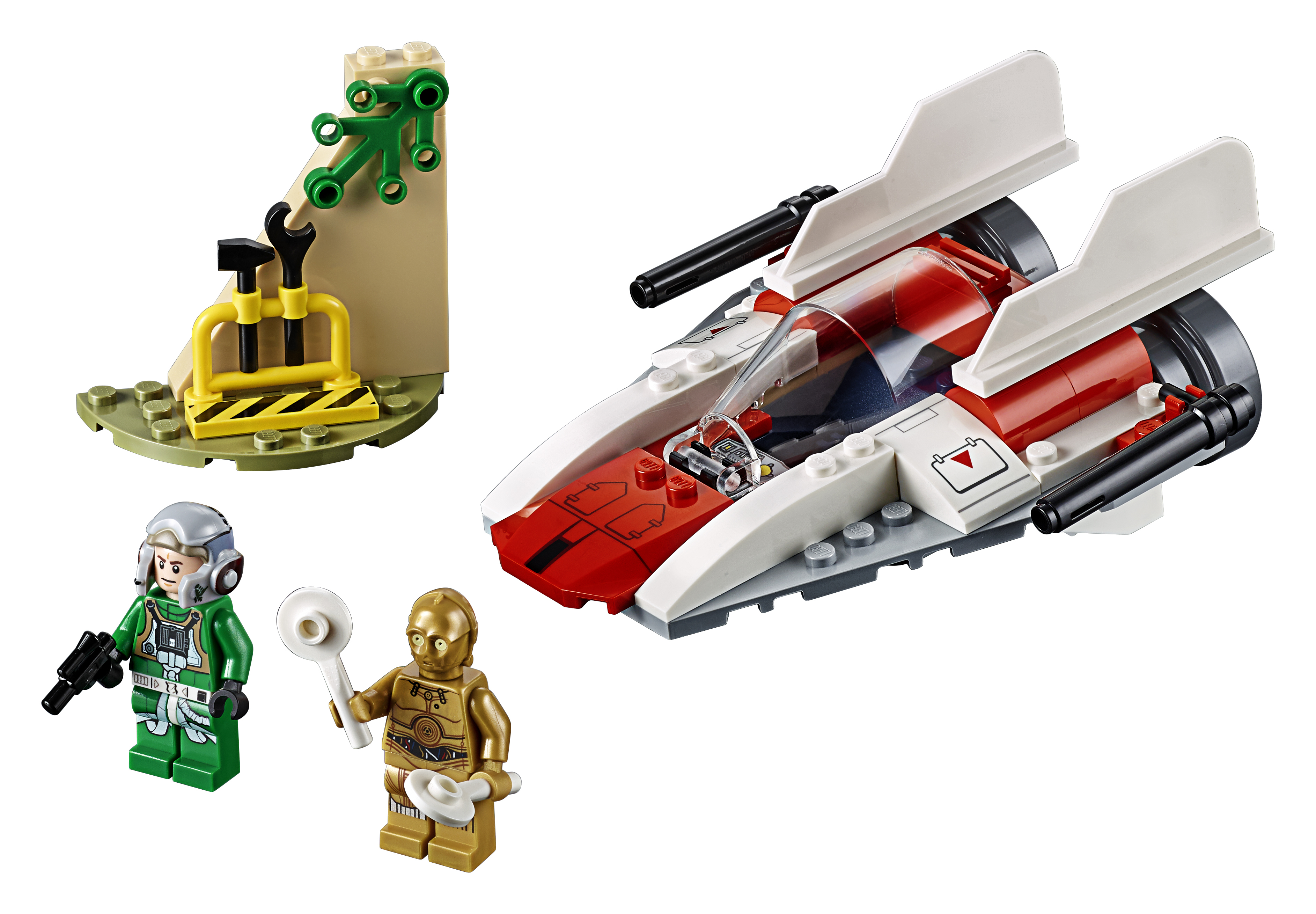 Zestaw LEGO Star Wars z myśliwcem, C-3PO i pilotem w pustynnym otoczeniu.
