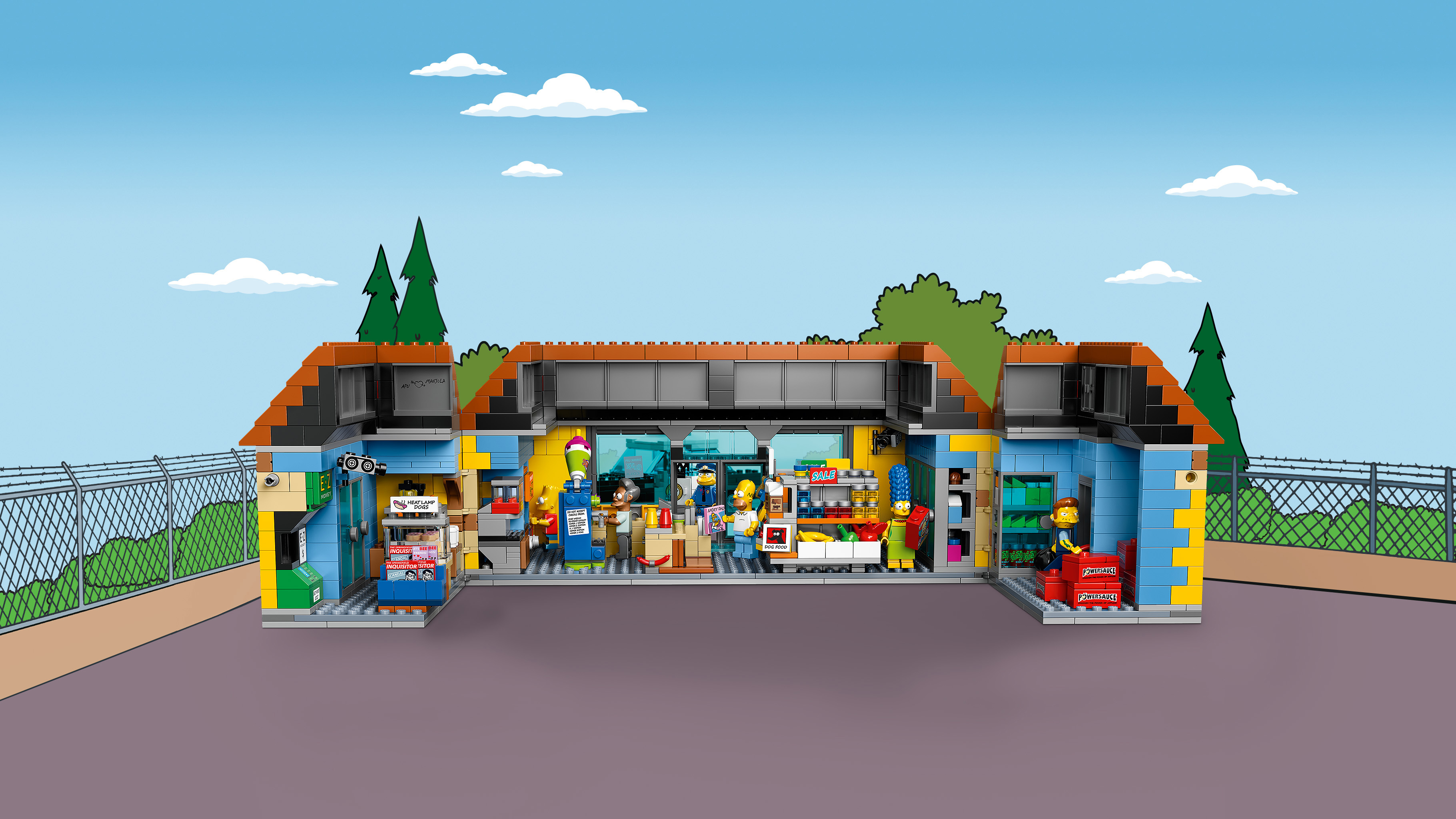 Lego Simpsons set kutusu. Simpsons'tan bir sahne, çeşitli karakterlerle bir binanın içinde.