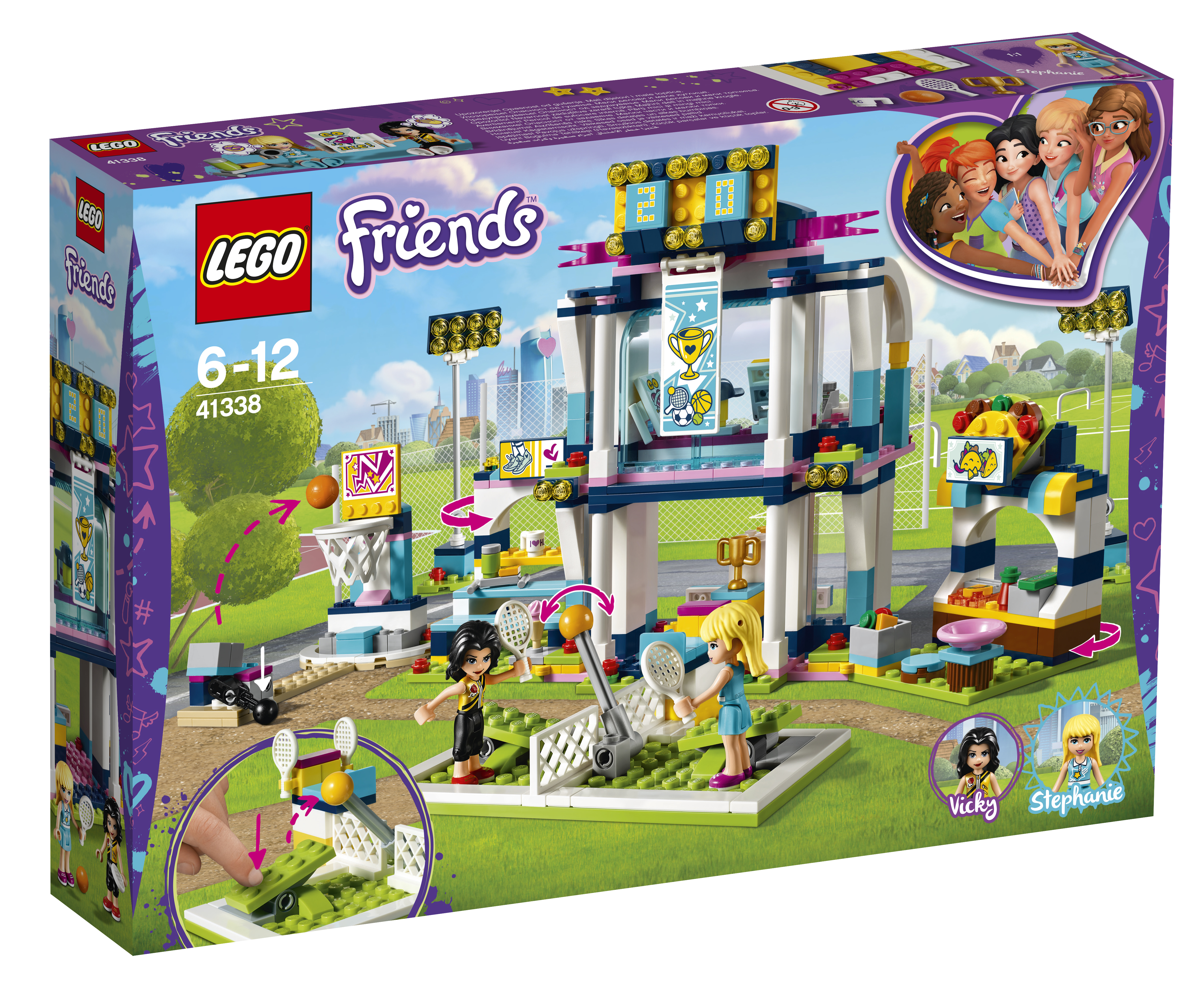 Bir spor sahnesi, figürler ve bir kupa içeren Lego Friends seti. Sahne bir spor sahasında geçiyor.