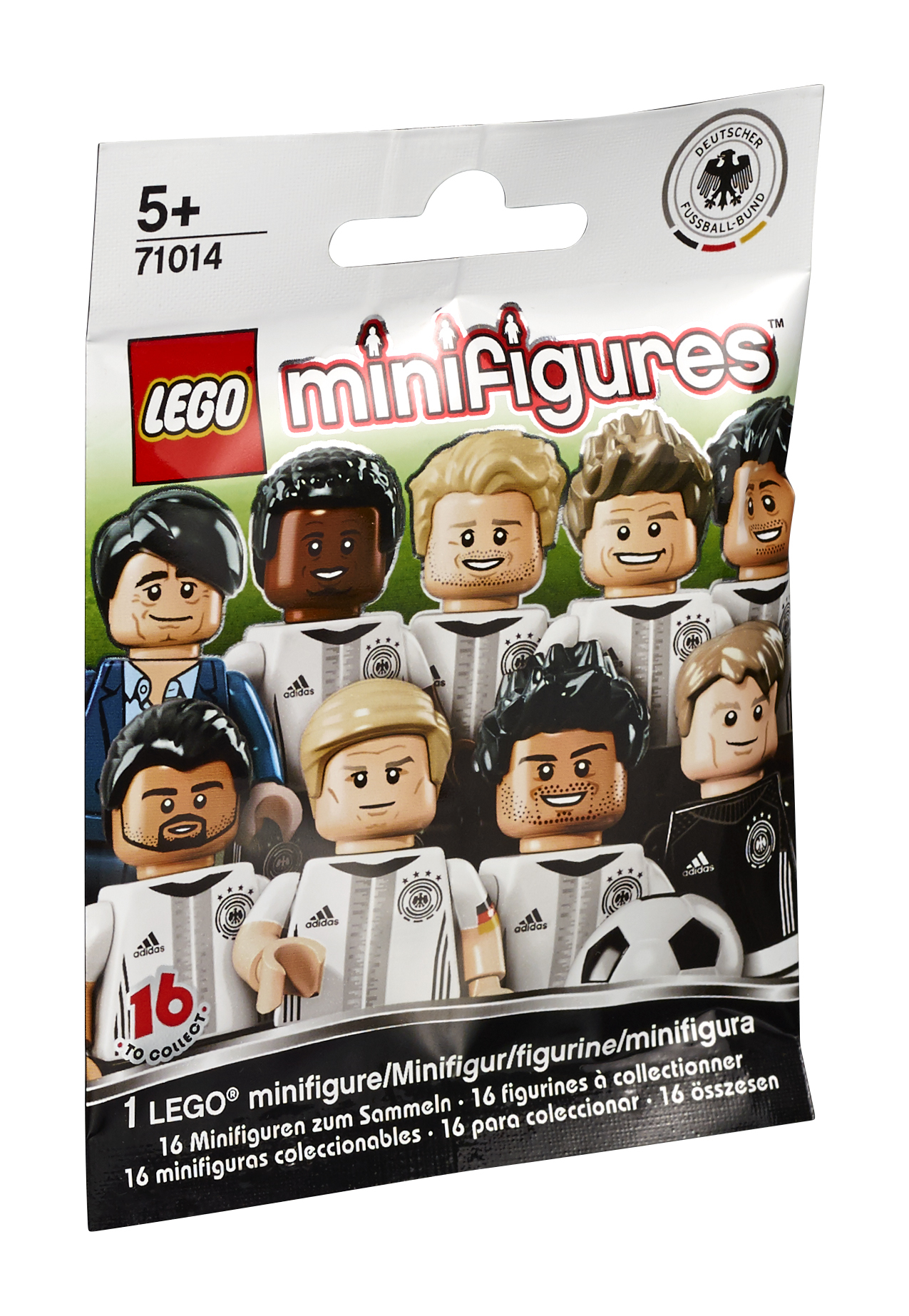 Confezione Lego Minifigures con calciatori della nazionale tedesca, su sfondo bianco.