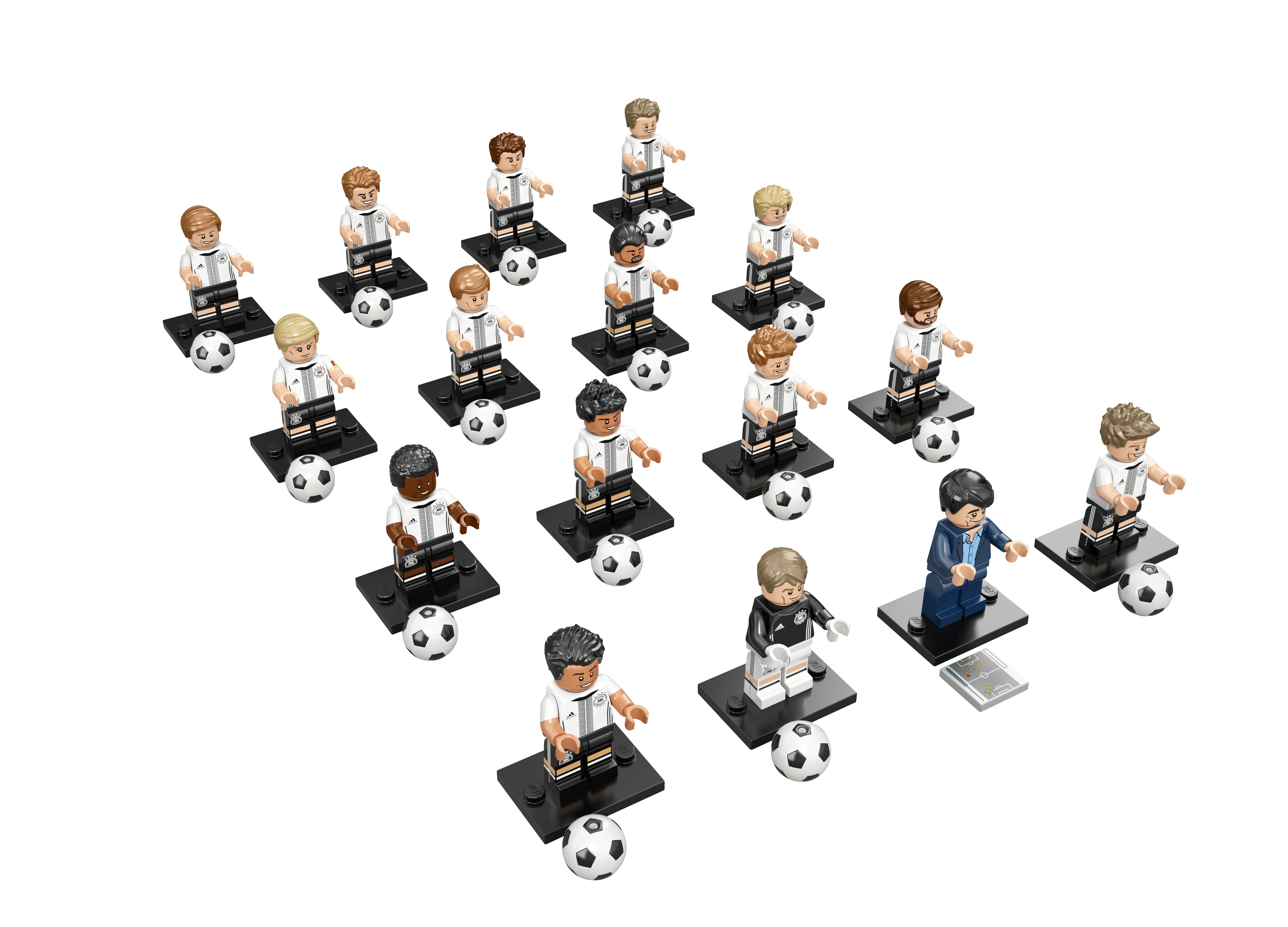 Set Lego di calciatori. 20 figure, per lo più in maglie bianche, in piedi con palloni da calcio.