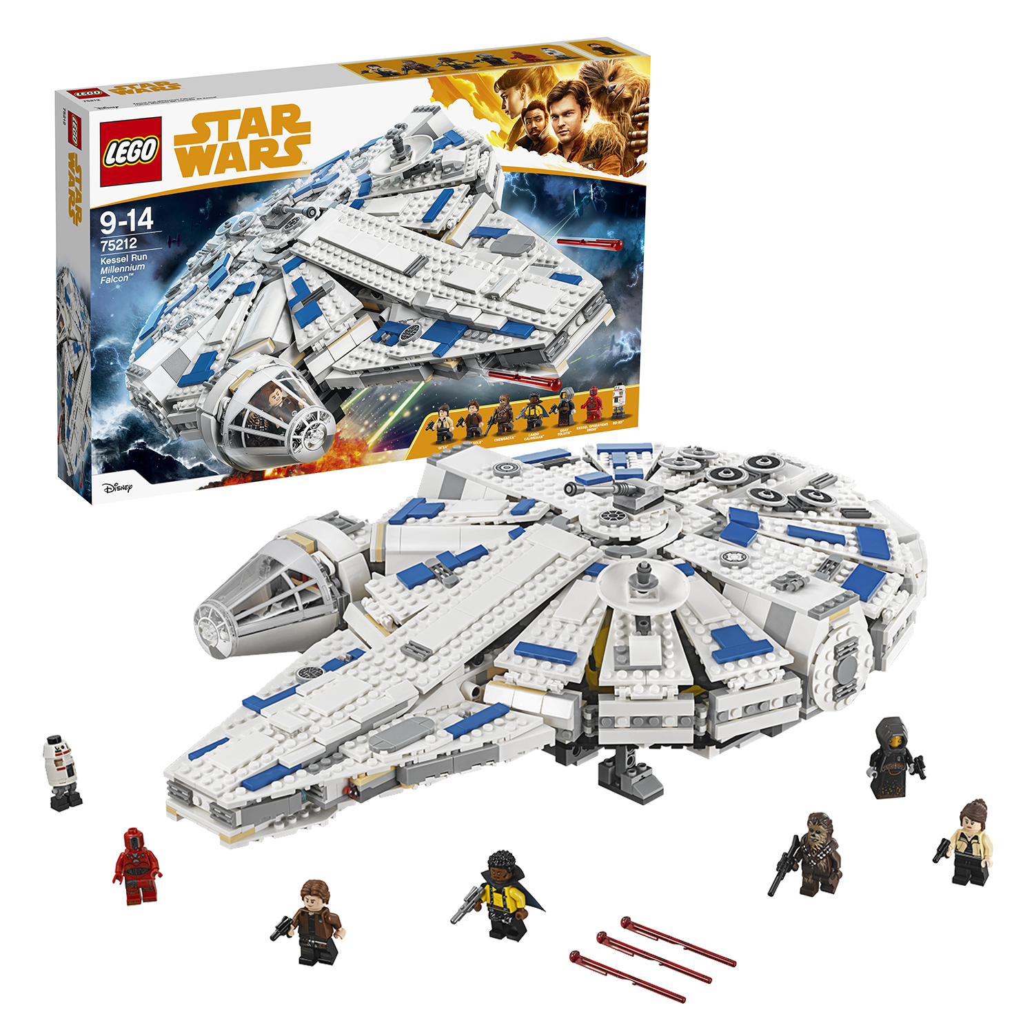 Zestaw Lego Star Wars z Sokolem Millennium, minifigurkami i pudełkiem ze zdjęciem statku.