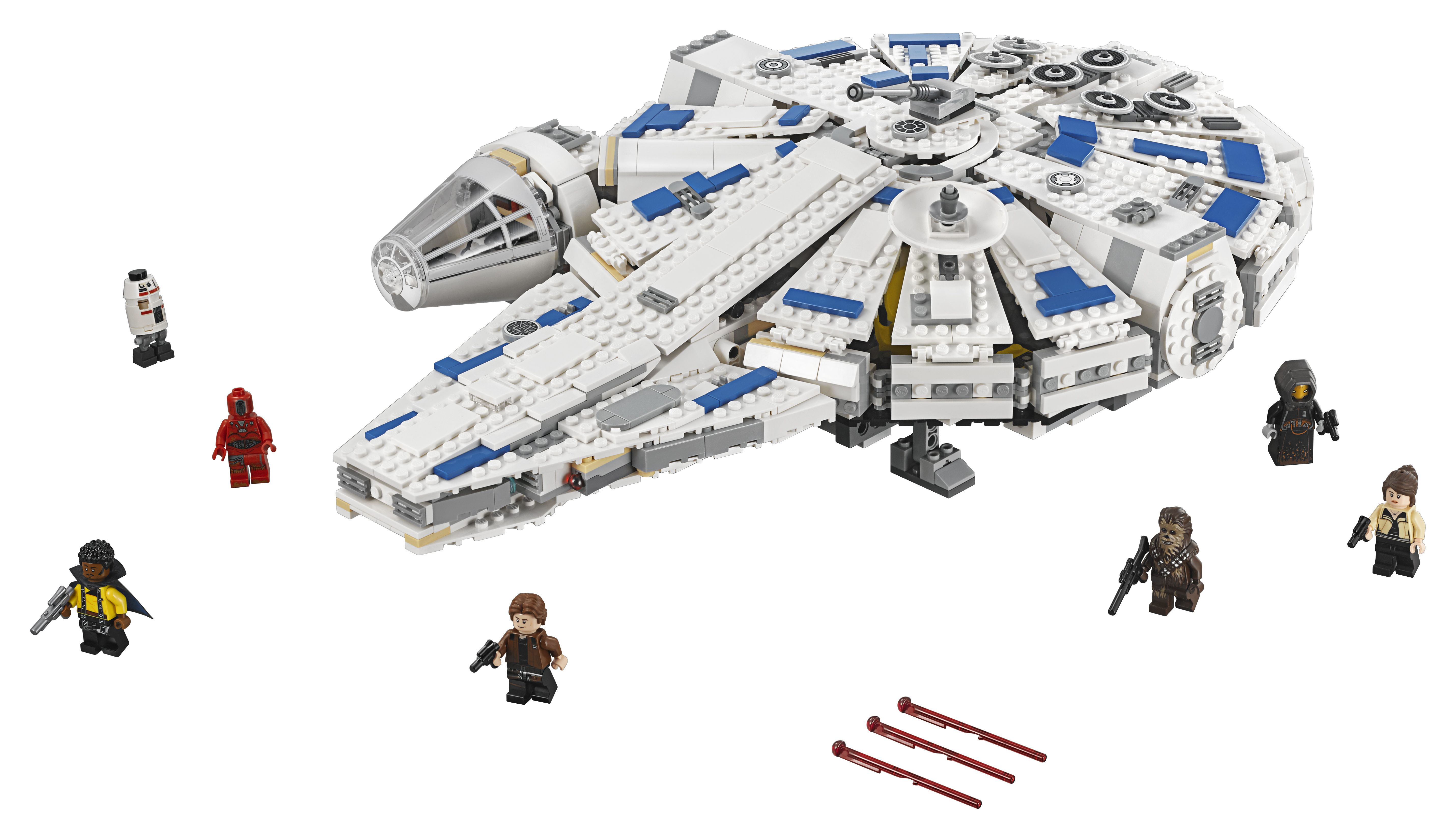 Lego Millennium Falcon z minifigurkami na białym tle. Zawiera Hana Solo, Chewbaccę i innych.