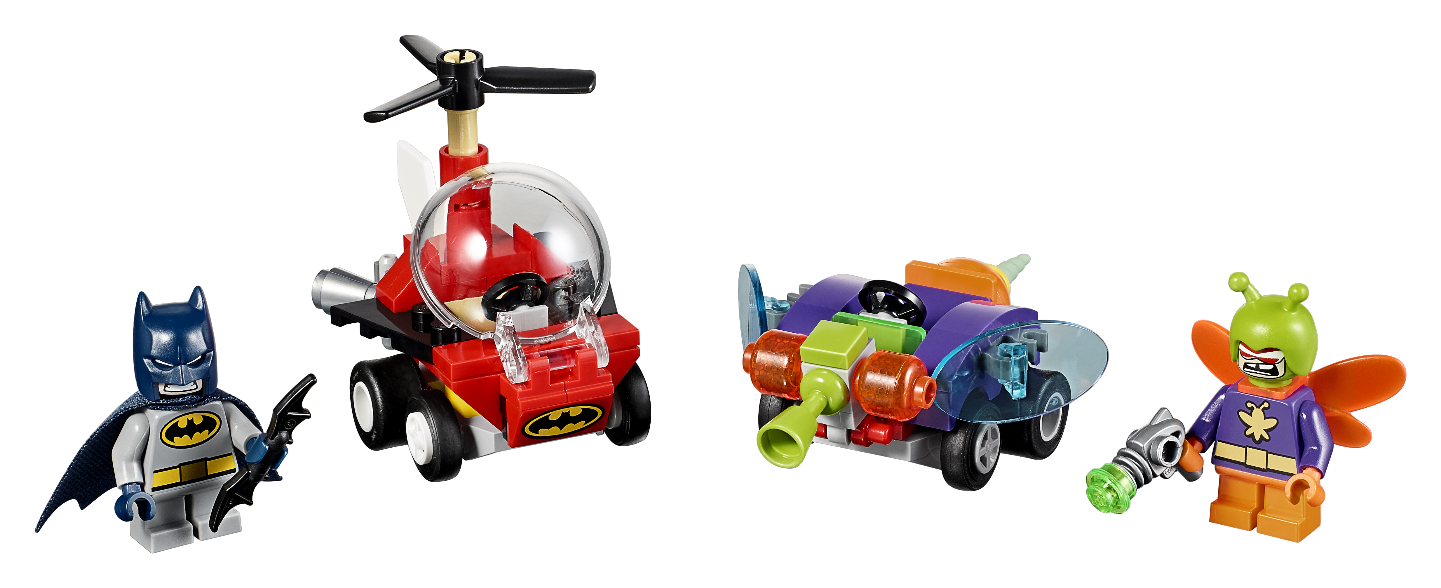 Lego Batman set. Batman, een helikopter en twee voertuigen vechten tegen de Joker en een keverachtig vijand.