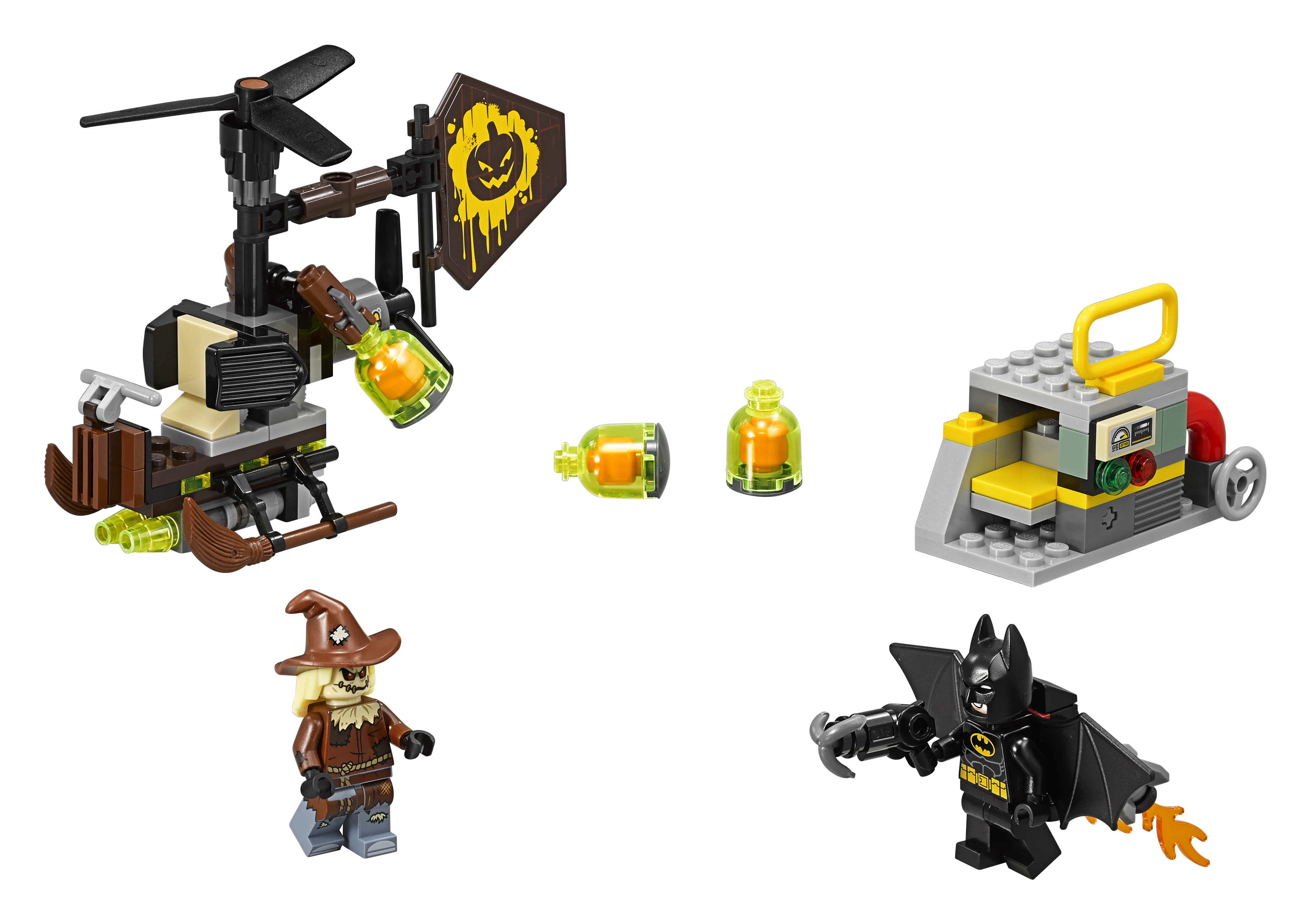 Lego Batman set. Batman, Scarecrow en een helikopter vechten met een machine en oranje vloeistofcontainers.