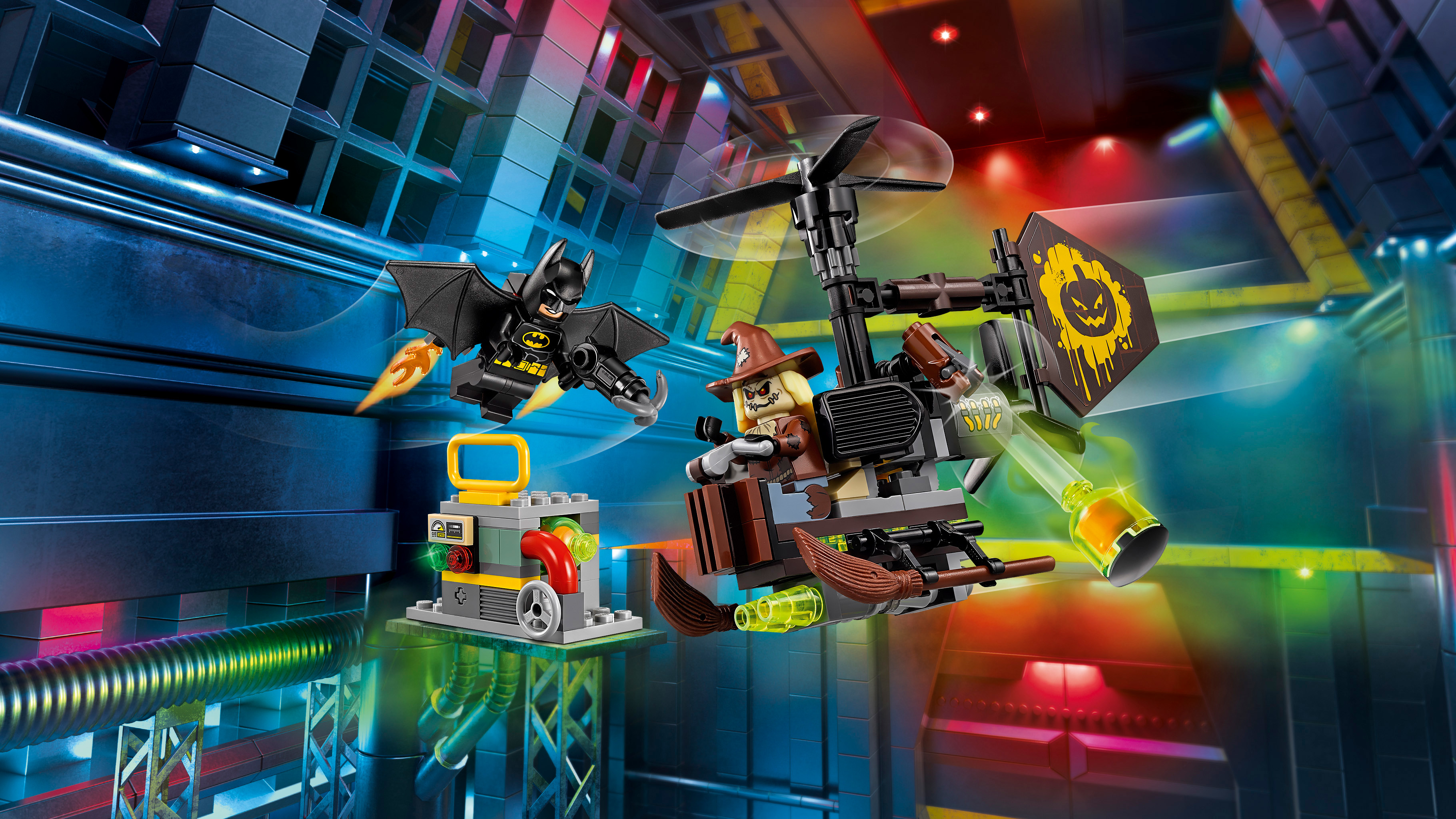 Lego set met Batman en Scarecrow figuren in een futuristische setting. Actiescène.