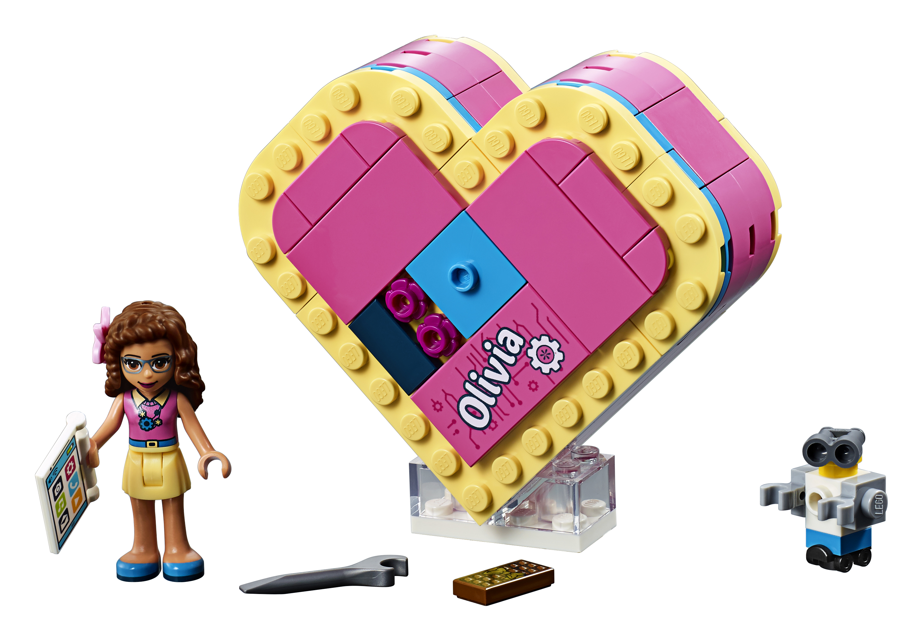 Set Lego Friends con una struttura a forma di cuore, una ragazza e un robot.
