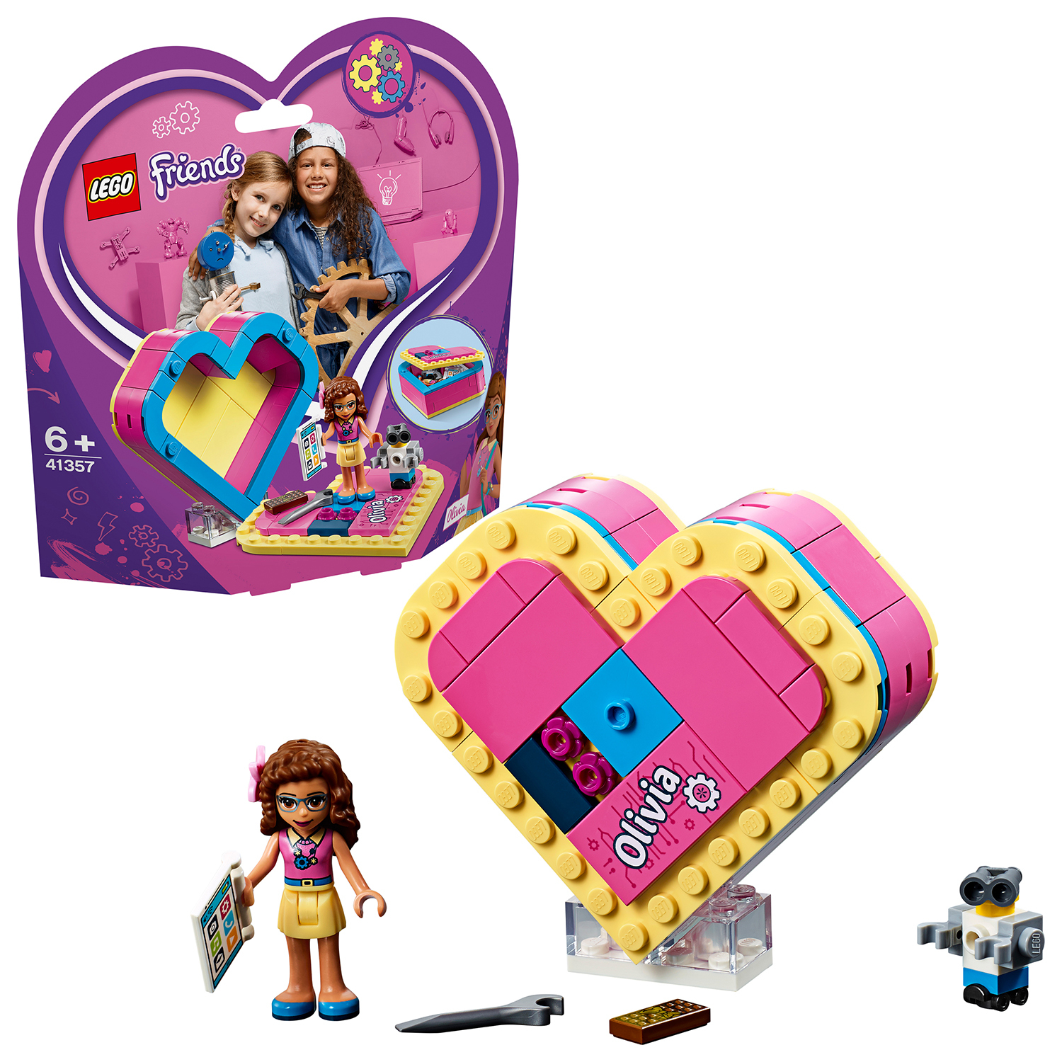Set Lego Friends. Caratterizzato da una scatola a forma di cuore, la minifigure di Olivia e un piccolo robot.