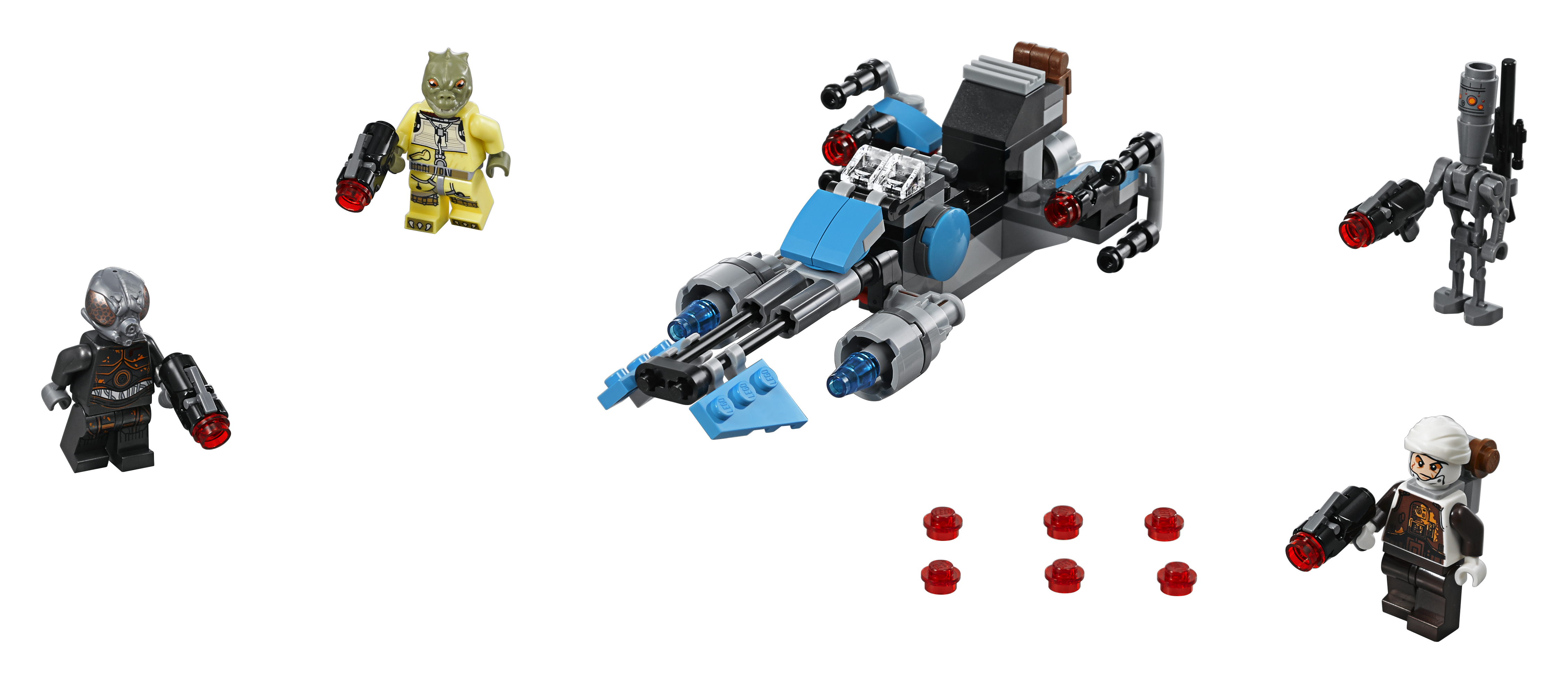 Star Wars Lego set with a speeder, multiple minifigures, and red translucent pieces.