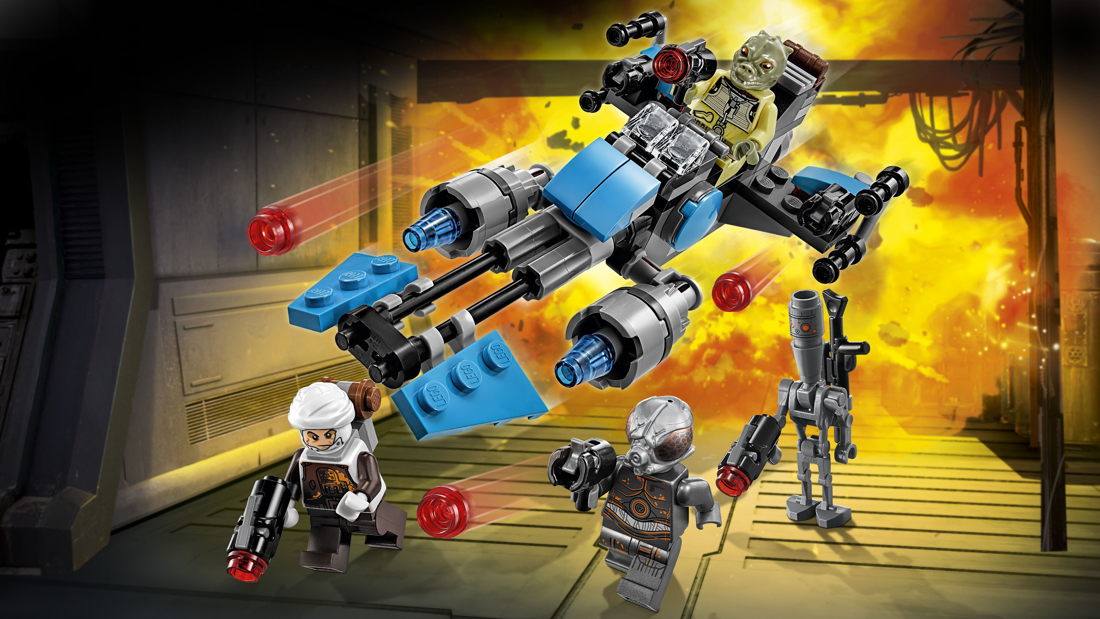 Lego Star Wars set: a small blue spacecraft with Lego figures and blasters.
