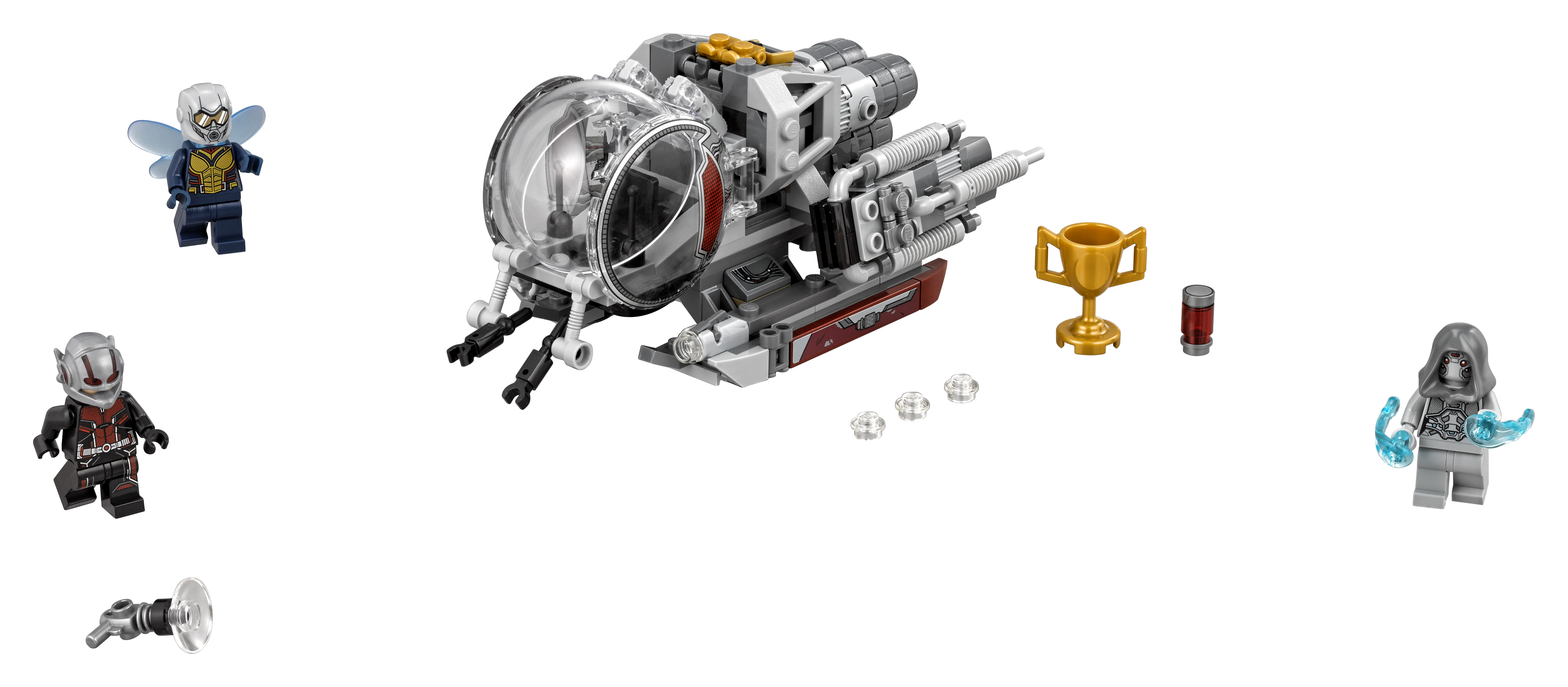 Zestaw Lego z minifigurkami Ant-Mana, Osy i Ducha oraz statkiem kosmicznym. Zawiera trofeum i pojemnik.