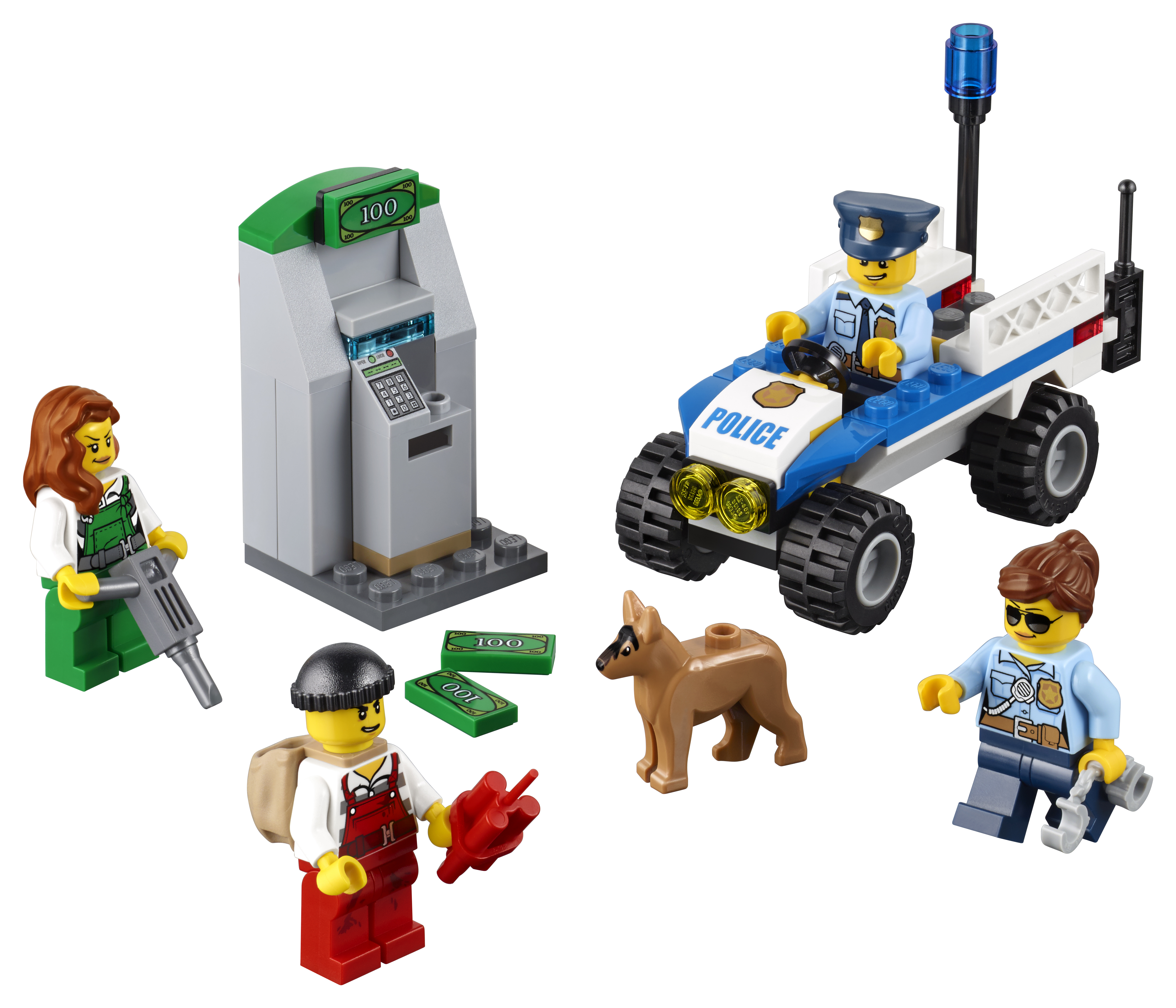 Lego-Polizeiszene: Geldautomat, Polizeiauto, Hund und Figuren eines Diebes und der Polizei.