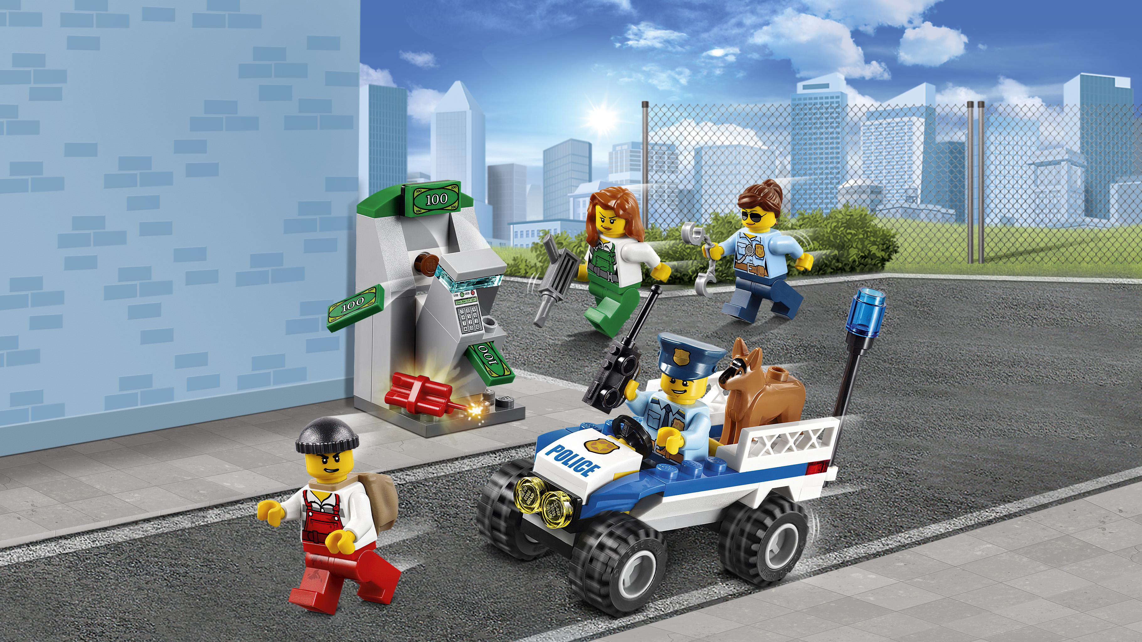 Lego City Szene: Polizeiauto verfolgt Räuber in der Nähe einer Bank. Geld fliegt aus dem Geldautomaten.