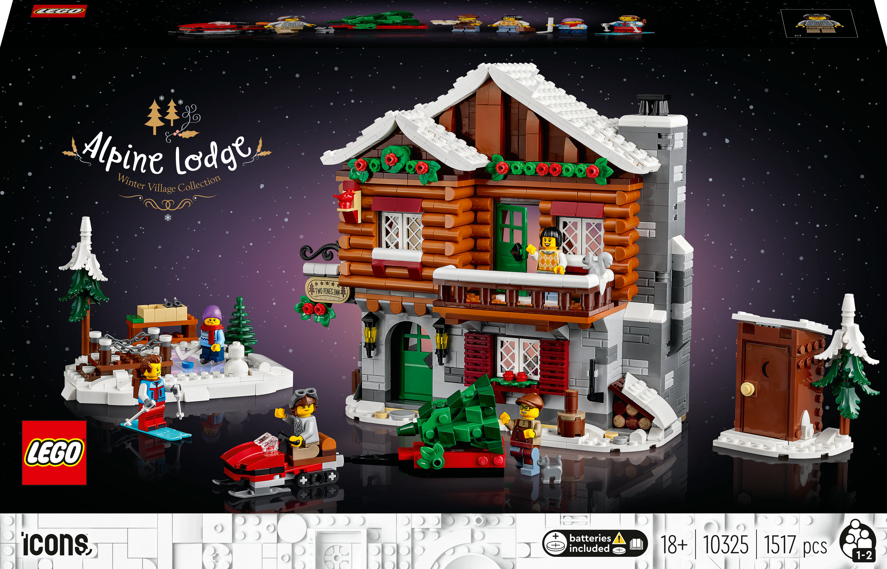 Pudełko zestawu Lego Alpine Lodge. Zestaw zawiera domek, śnieg, figurki i alpejskie otoczenie.