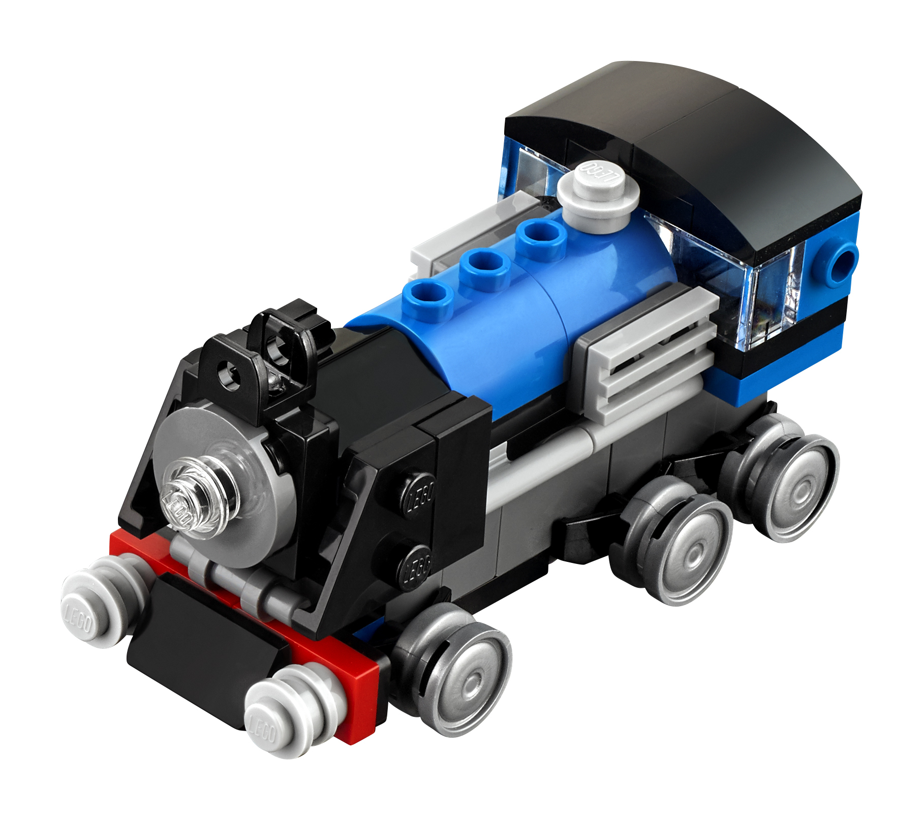 Un modello di treno Lego, con motore blu, tetto nero e ruote grigie su sfondo bianco.