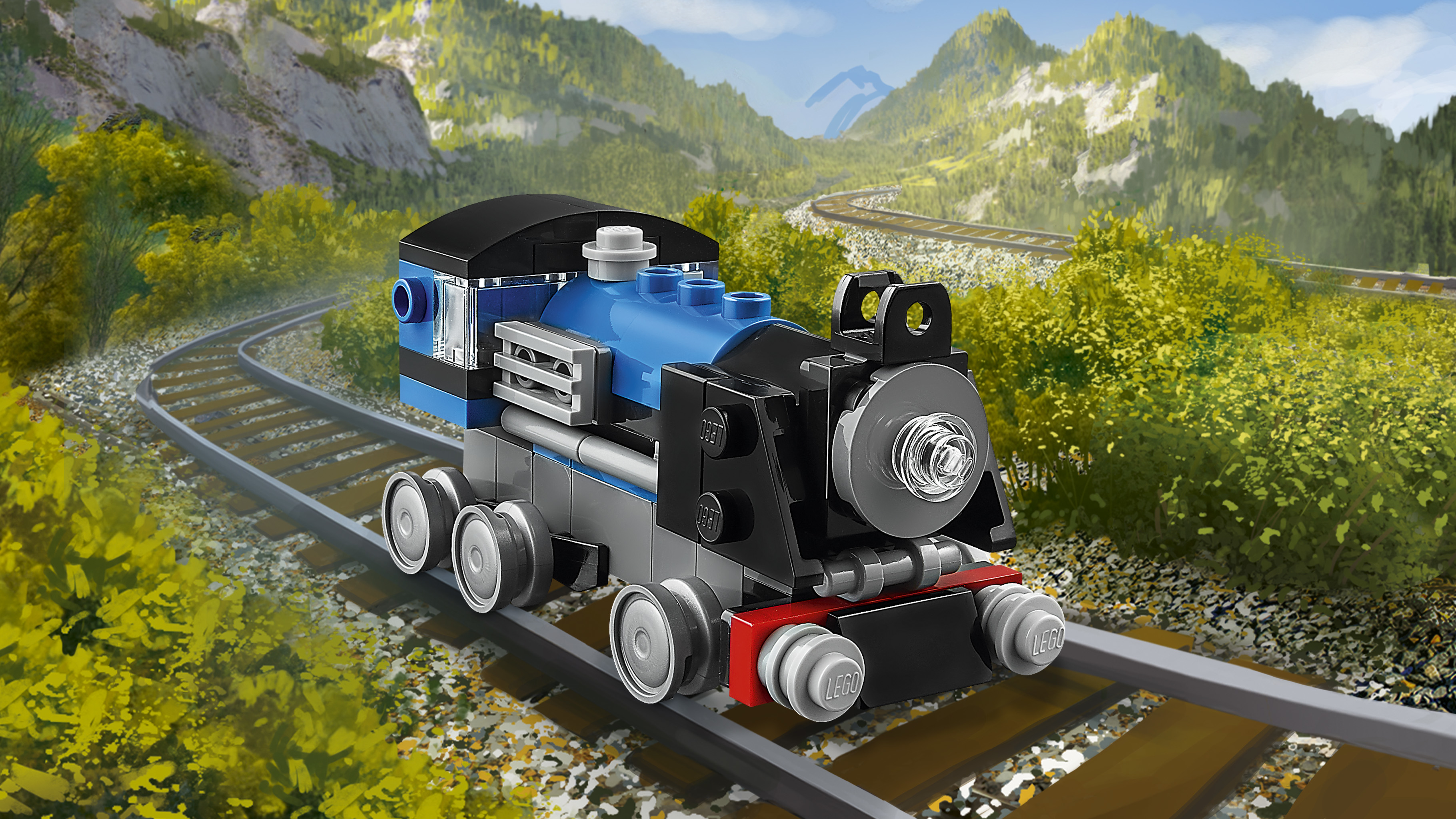 Set Lego treno con locomotiva blu e nera sui binari in un ambiente panoramico.