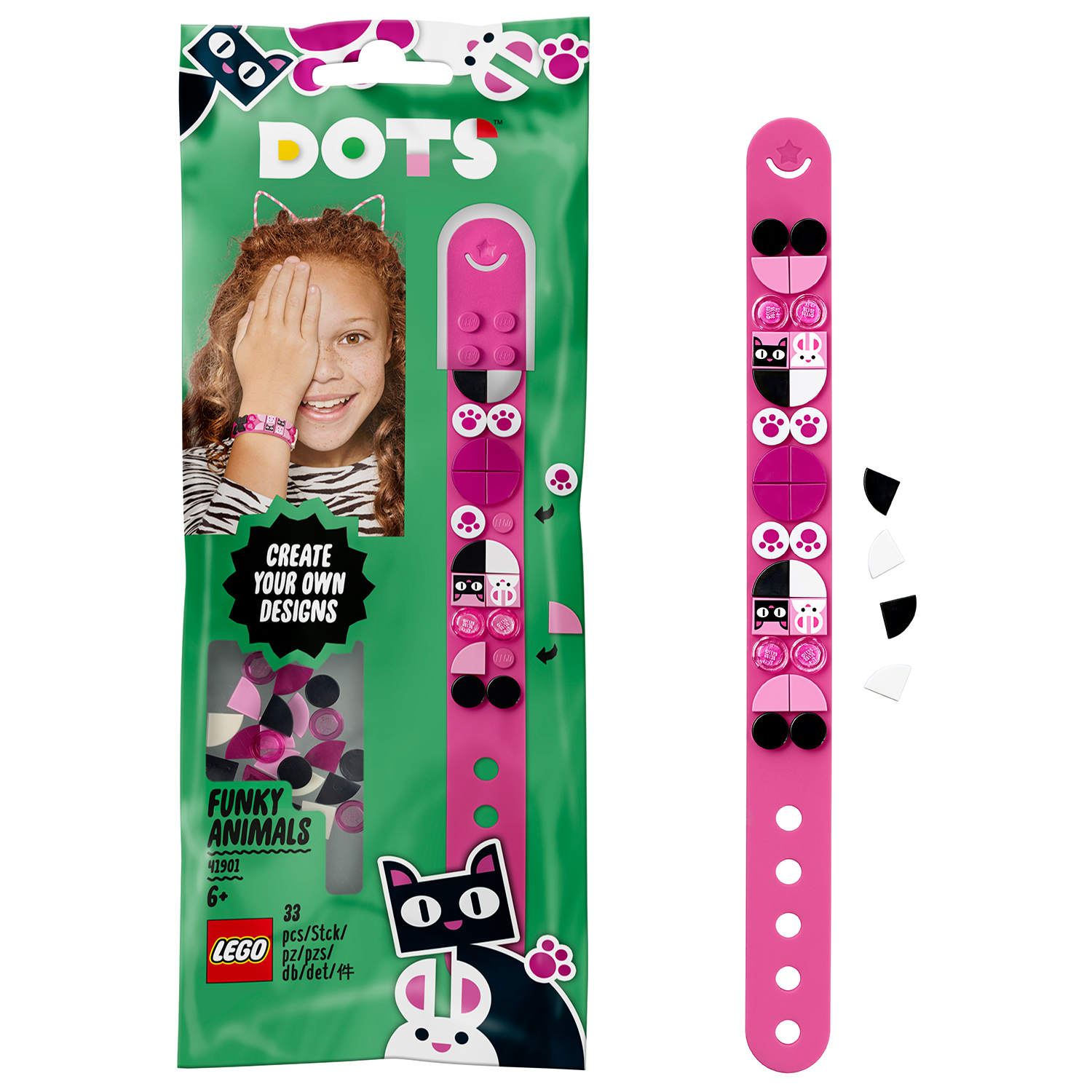 Un set di braccialetti LEGO Dots rosa, con un design di ragazza e gatto. Il set mostra una confezione verde.