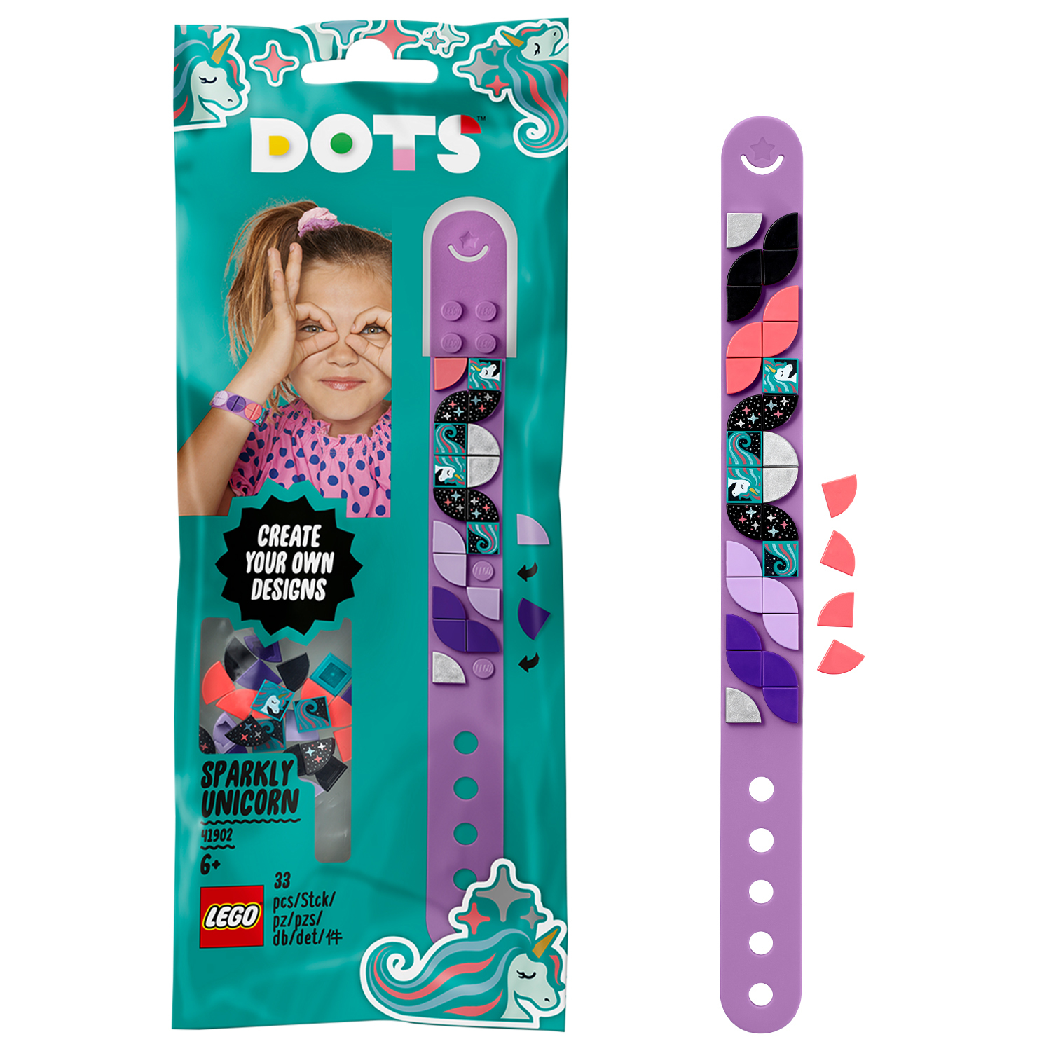 Un set di braccialetti LEGO Dots viola con un design di ragazza e unicorno. Il set ha una confezione turchese.