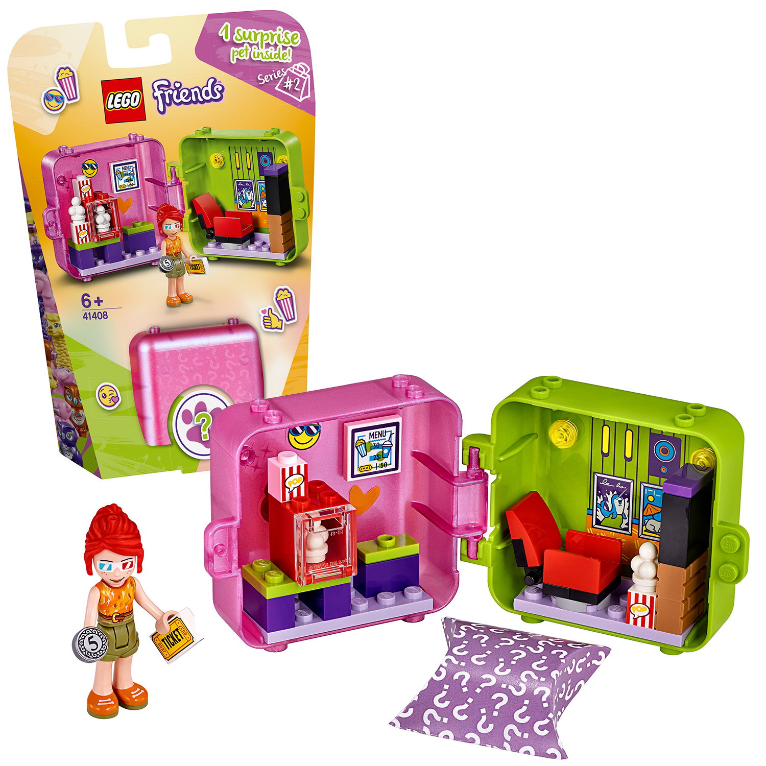 Zestaw Lego Friends: różowe i zielone pudełko ze scenami kinowymi, figurką i akcesoriami. Seria 2.