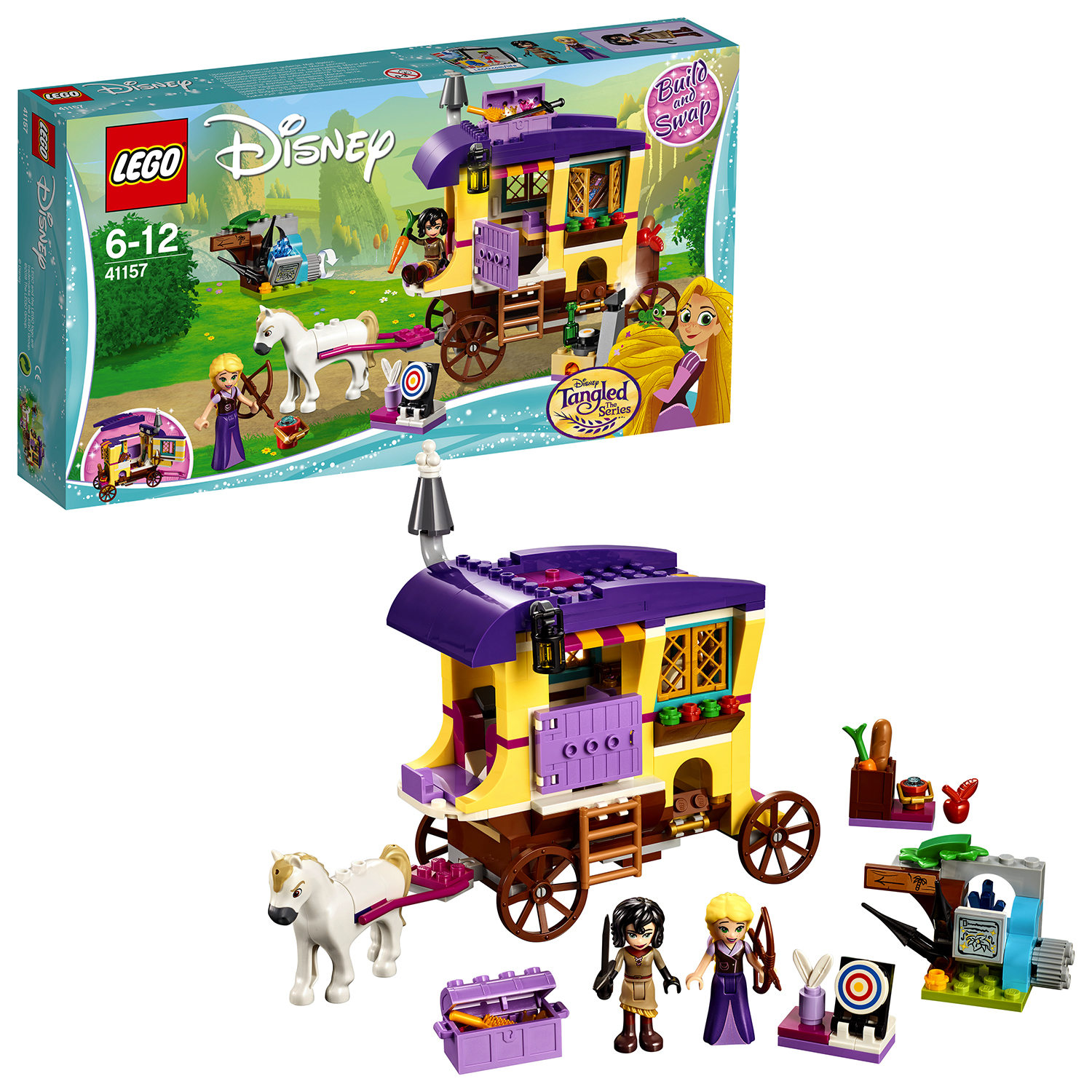 Set Lego Disney Rapunzel con carro, Rapunzel, cavallo e altre figure.