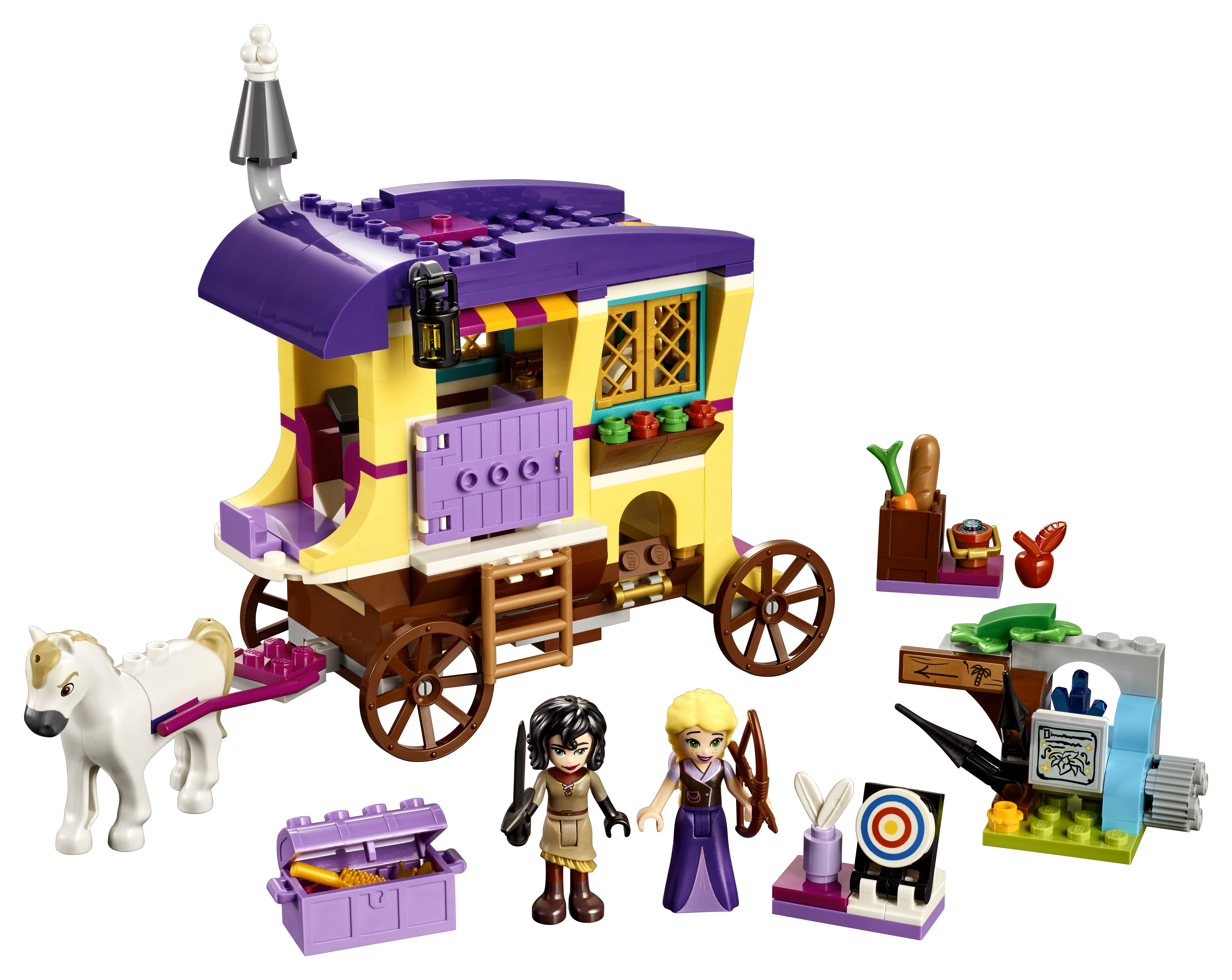 Scatola del set Lego Friends, una roulotte gitana con un cavallo, figure e accessori.