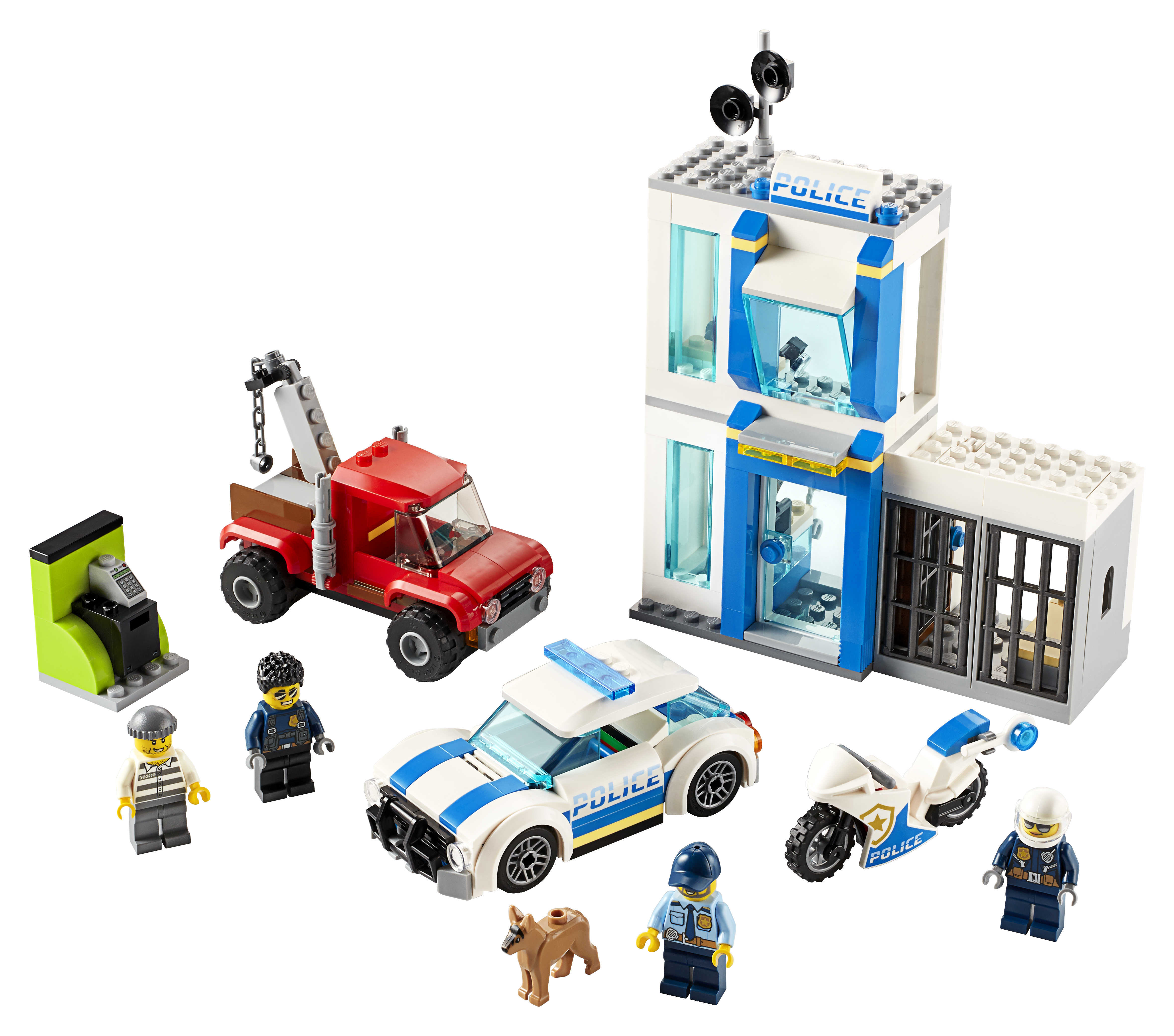 Lego Polis Karakolu seti. Polis arabası, çekici, polis motosikleti, figürler, köpek ve bina.