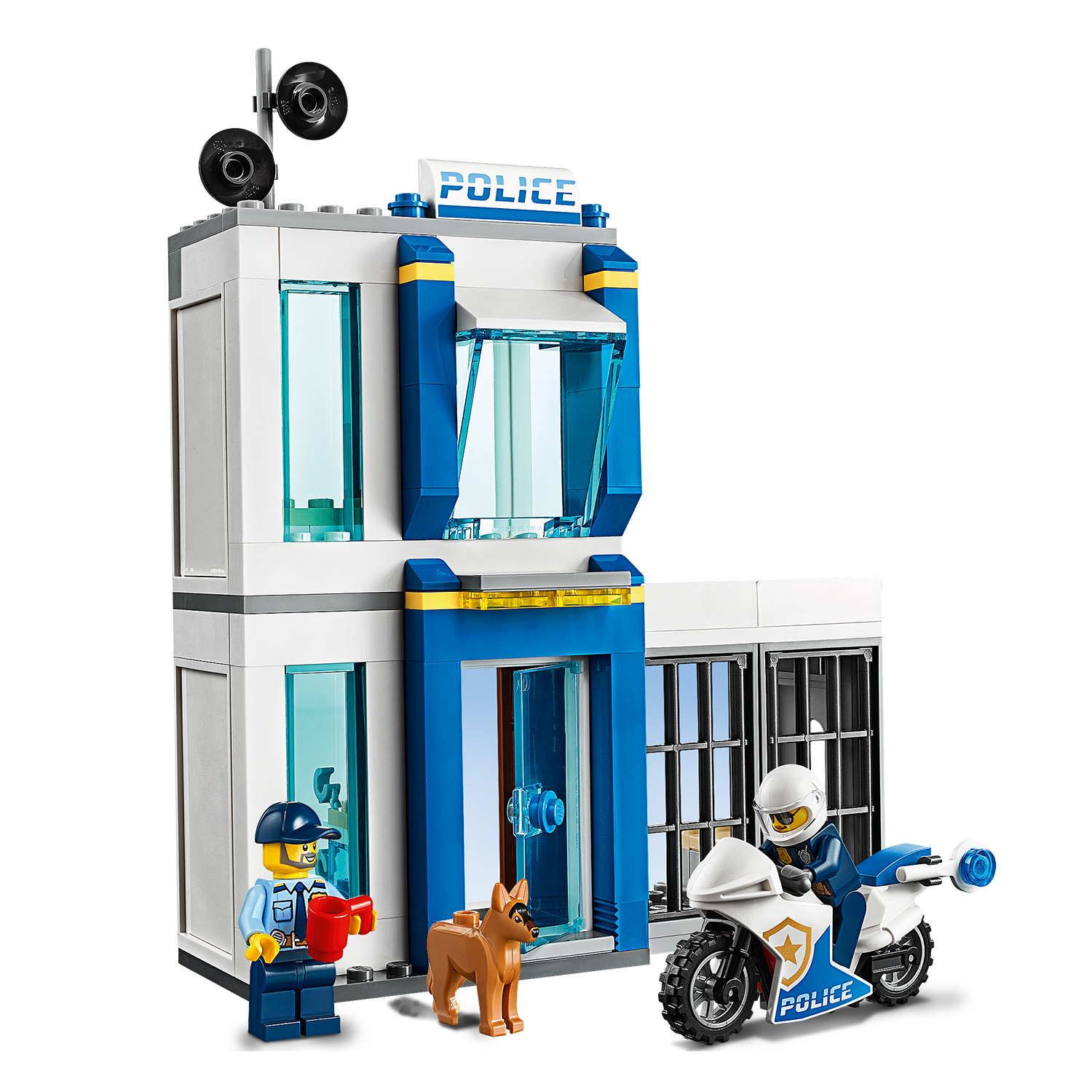 Lego City seti: polis merkezi, figürler, köpek, motosiklet. Beyaz zemin.