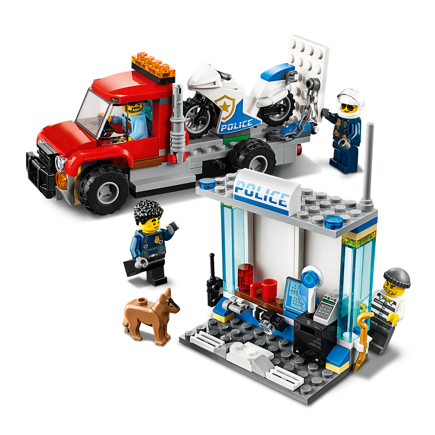 Lego City seti. Bir polis kamyonu, karakol ve minifigürler gösterir. Set bir köpek ve bir motosiklet içerir.