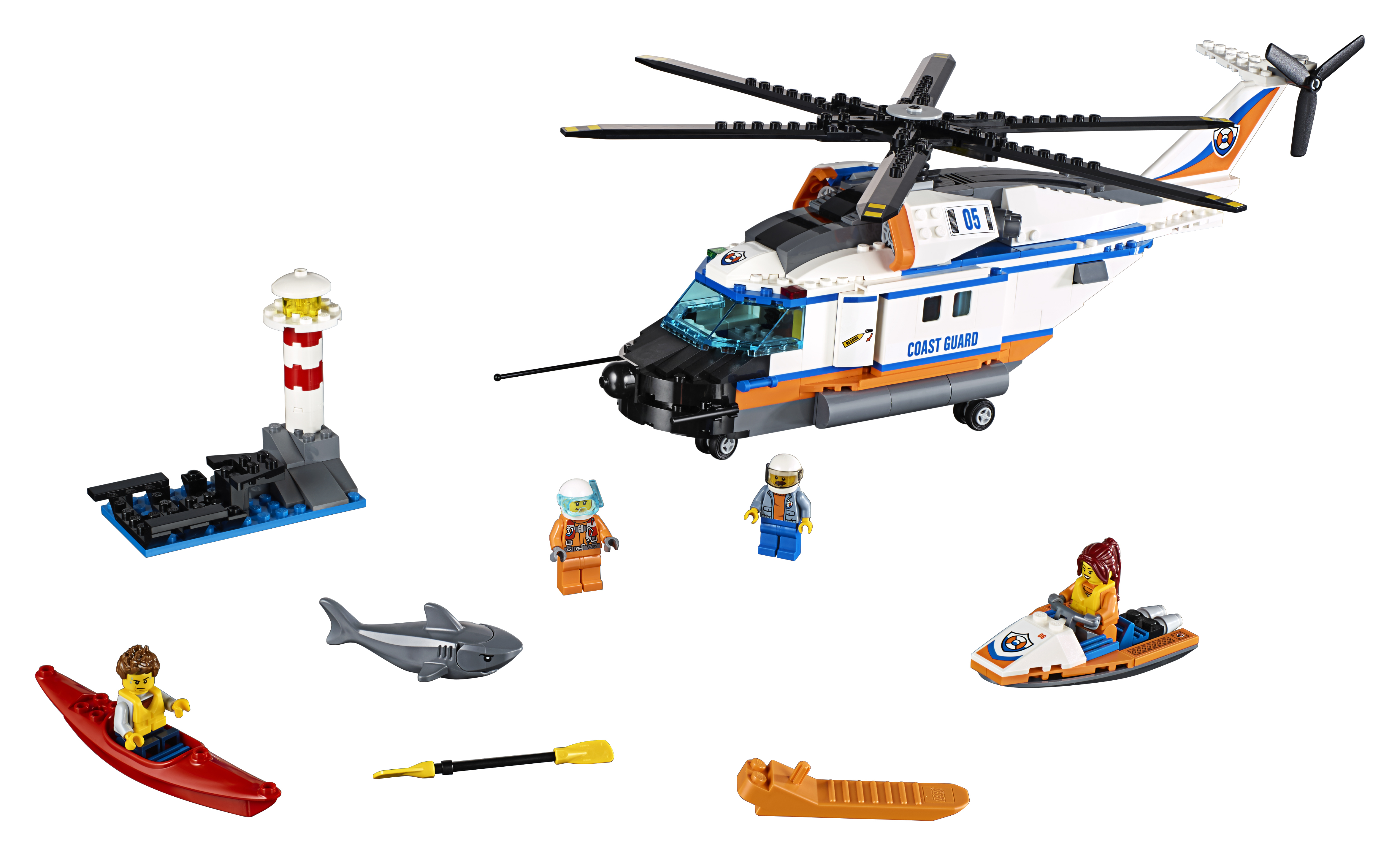 Set Lego City Guardia Costiera con elicottero, personaggi e faro.