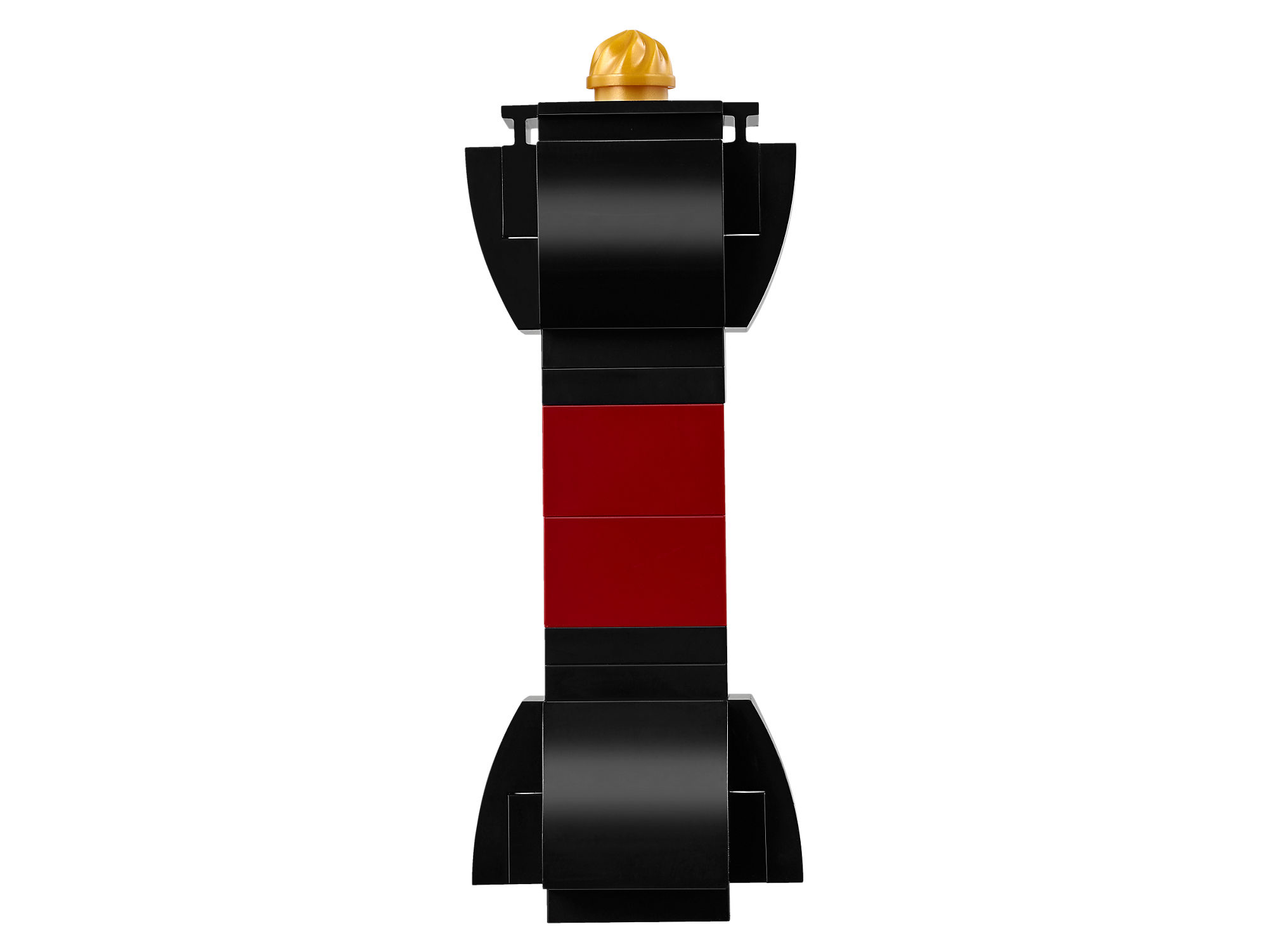 Konstrukcja z klocków Lego ze złotym wierzchem, czarnymi bokami, czerwonym środkiem i żółtym kołkiem.