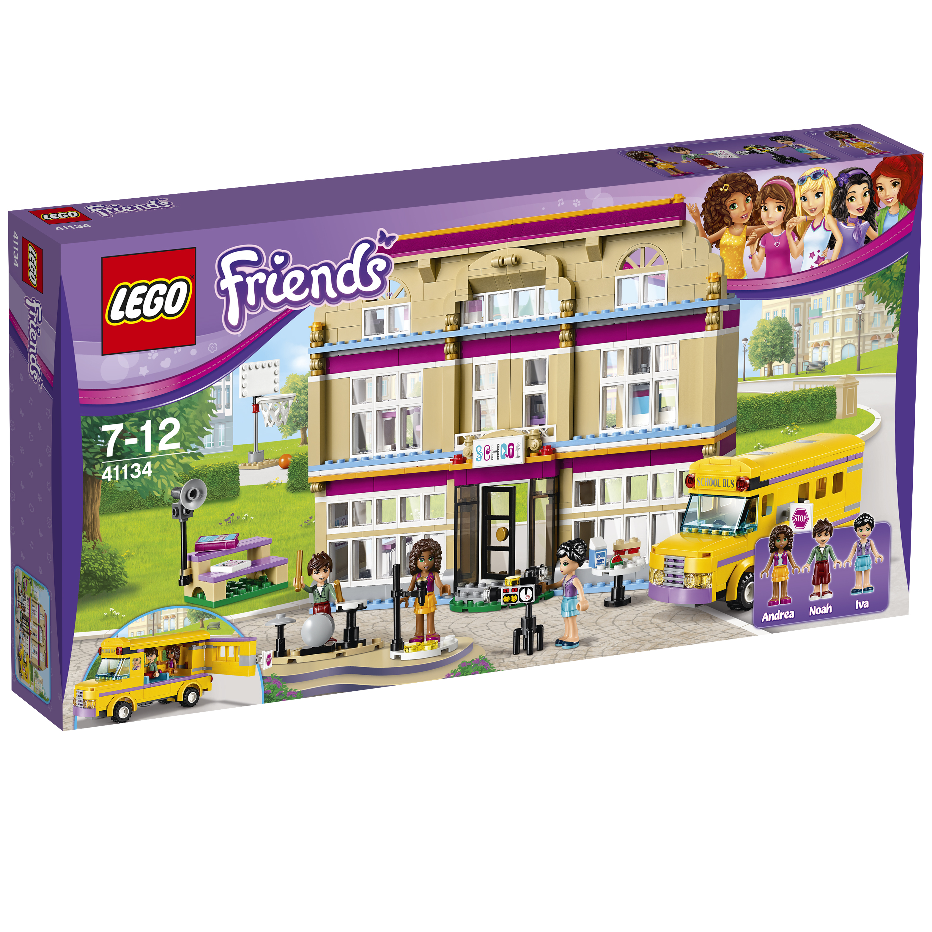 Zestaw Lego Friends przedstawiający budynek szkoły, autobus i scenę. Figurki Andrei, Noaha i Ivy.