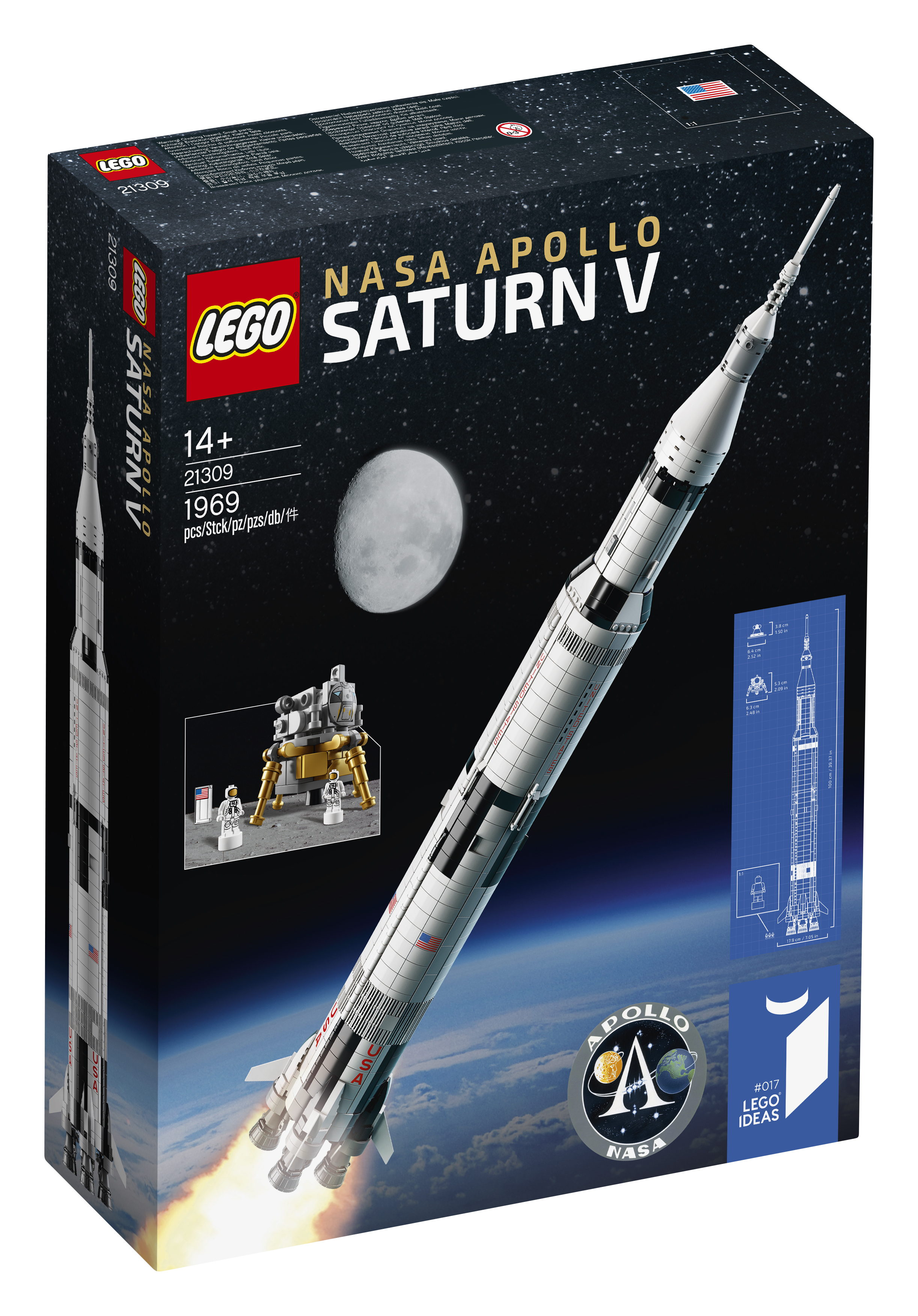 Set razzo Lego NASA Apollo Saturn V. La scatola mostra il razzo, la scena dell'allunaggio e la Terra.