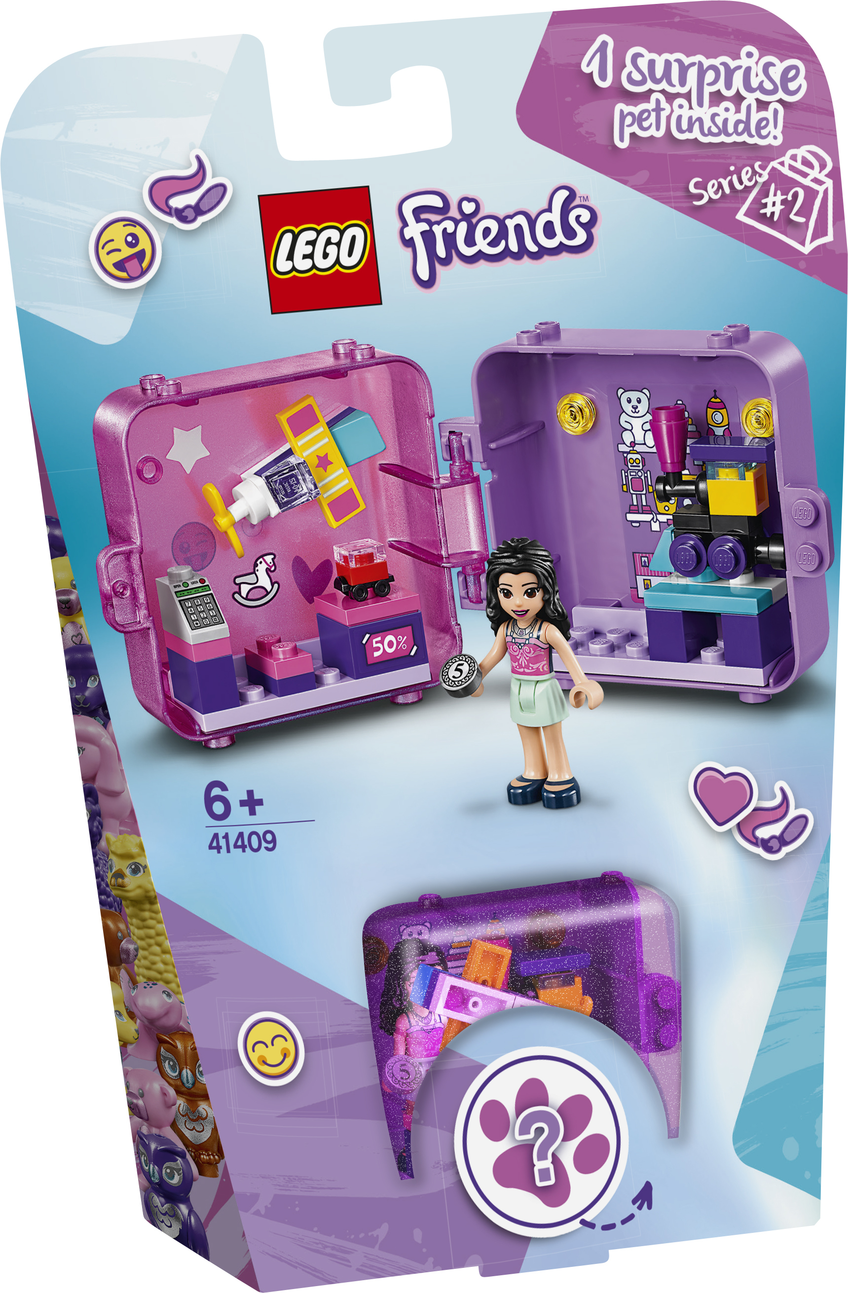 Set Lego Friends con una custodia viola. Contiene personaggi, accessori e un animale a sorpresa.