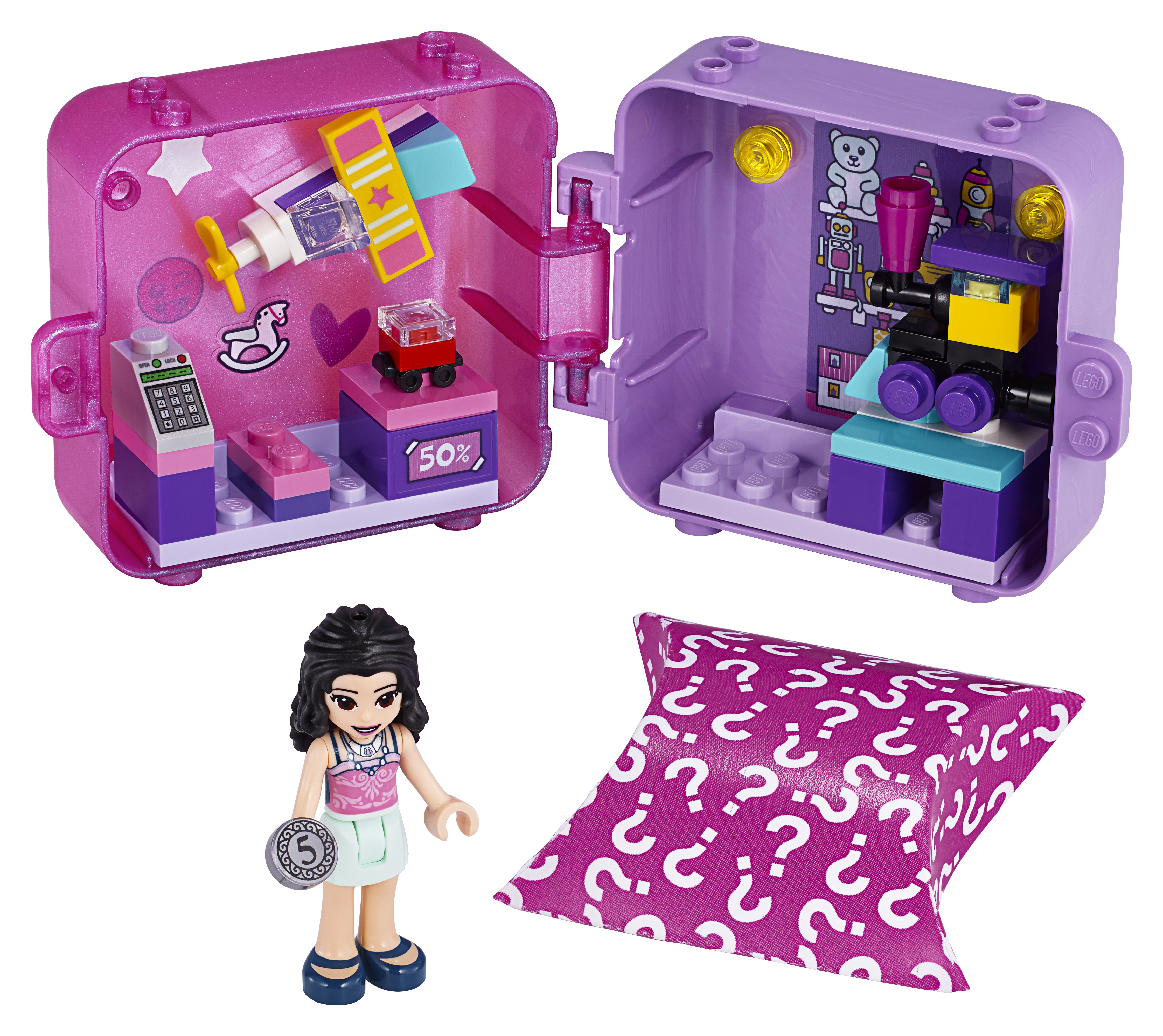 Scatola dei giocattoli Lego Friends. Due scatole con giocattoli all'interno e un personaggio con un regalo punto interrogativo.