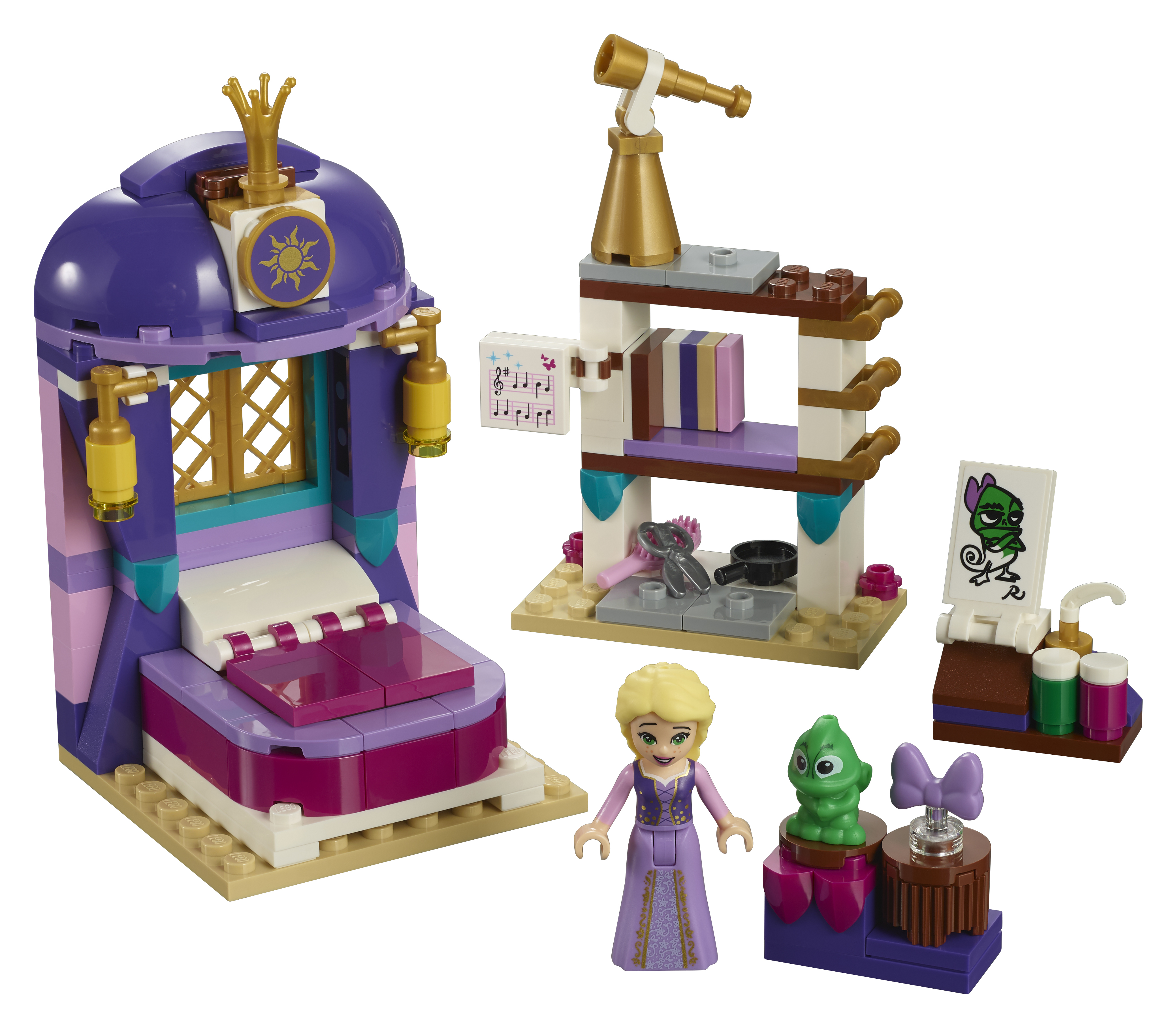 Set Lego con una torre viola, Elsa e altri elementi. Include un letto, un telescopio e una creatura verde.