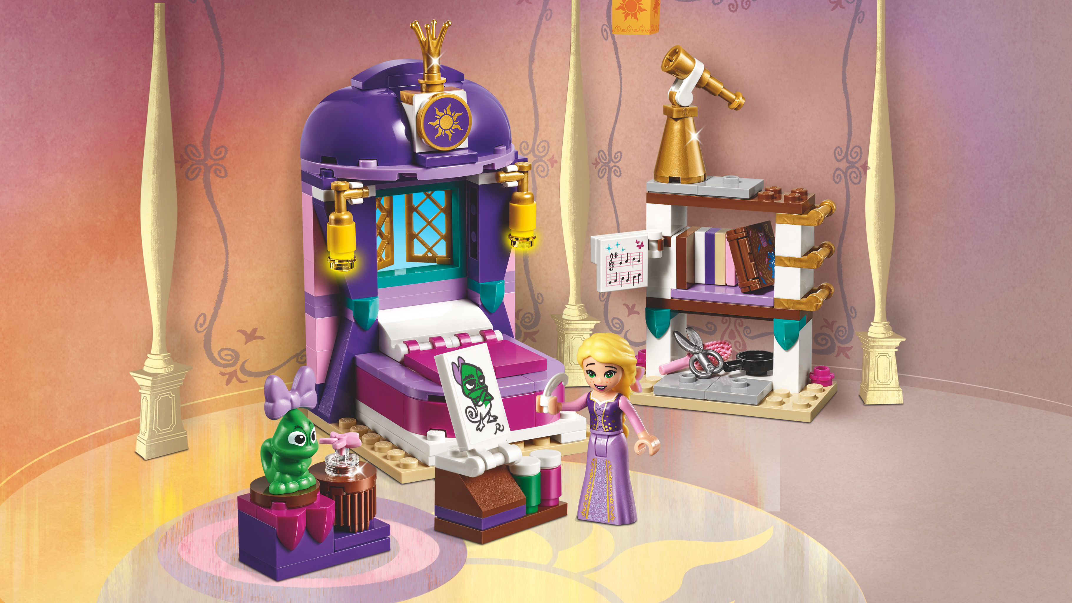 Set Lego della stanza di Rapunzel con letto, telescopio e libri. Include Rapunzel e una rana.