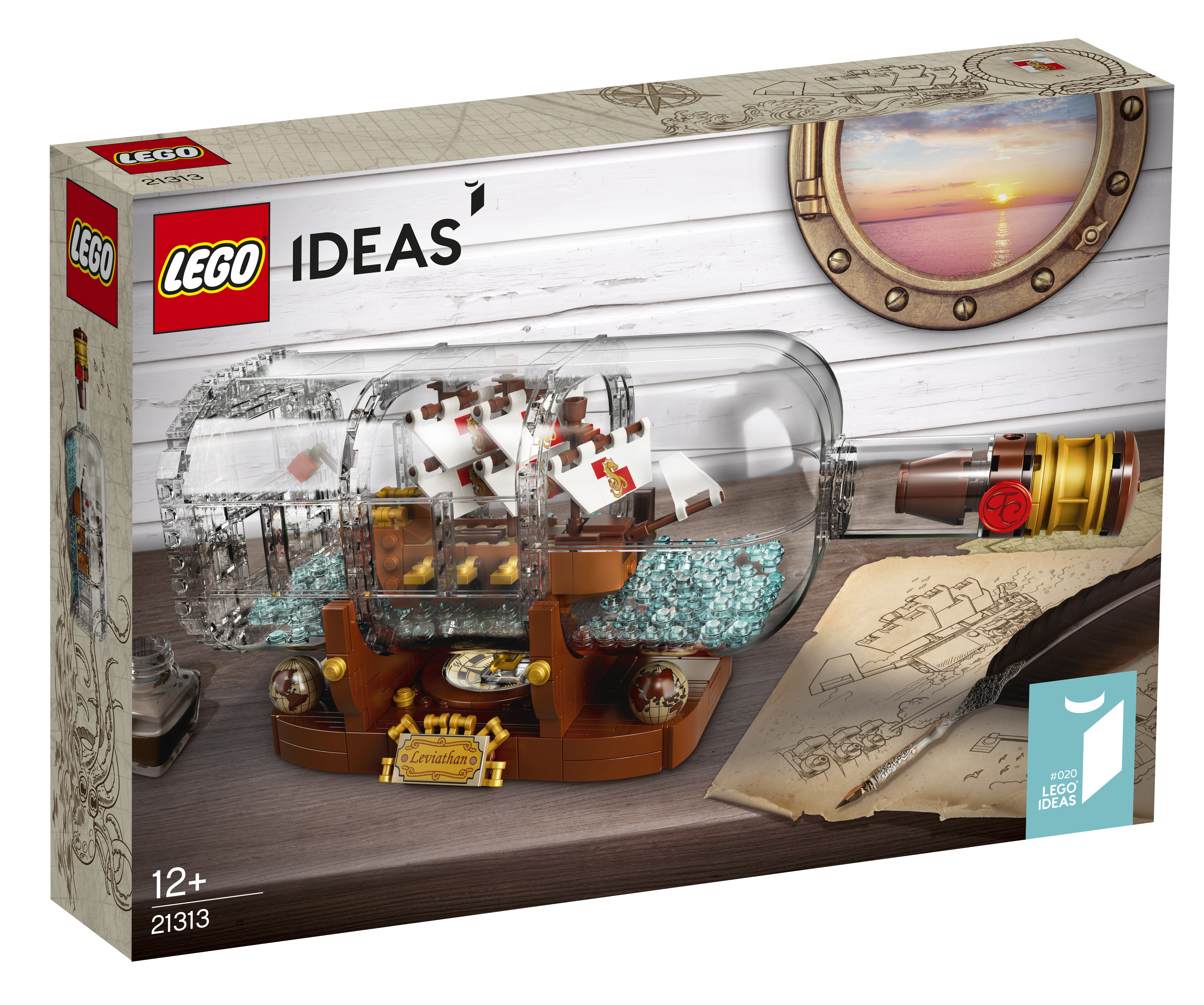 LEGO Ideas ship in a bottle. The box shows the ship inside a glass bottle, with a seascape background.