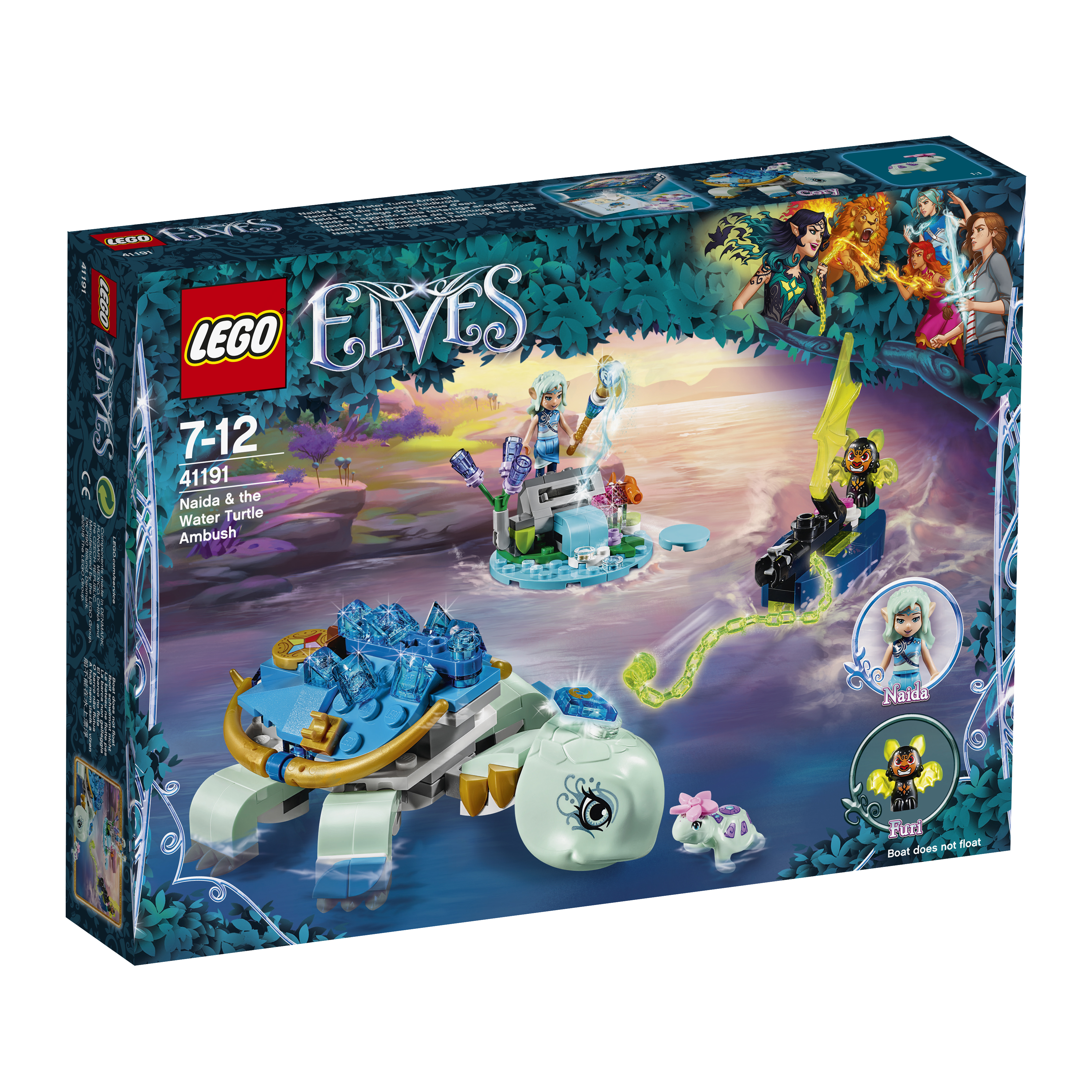 Scatola del set Lego Elves con una tartaruga acquatica, Naida e altri personaggi elfici.