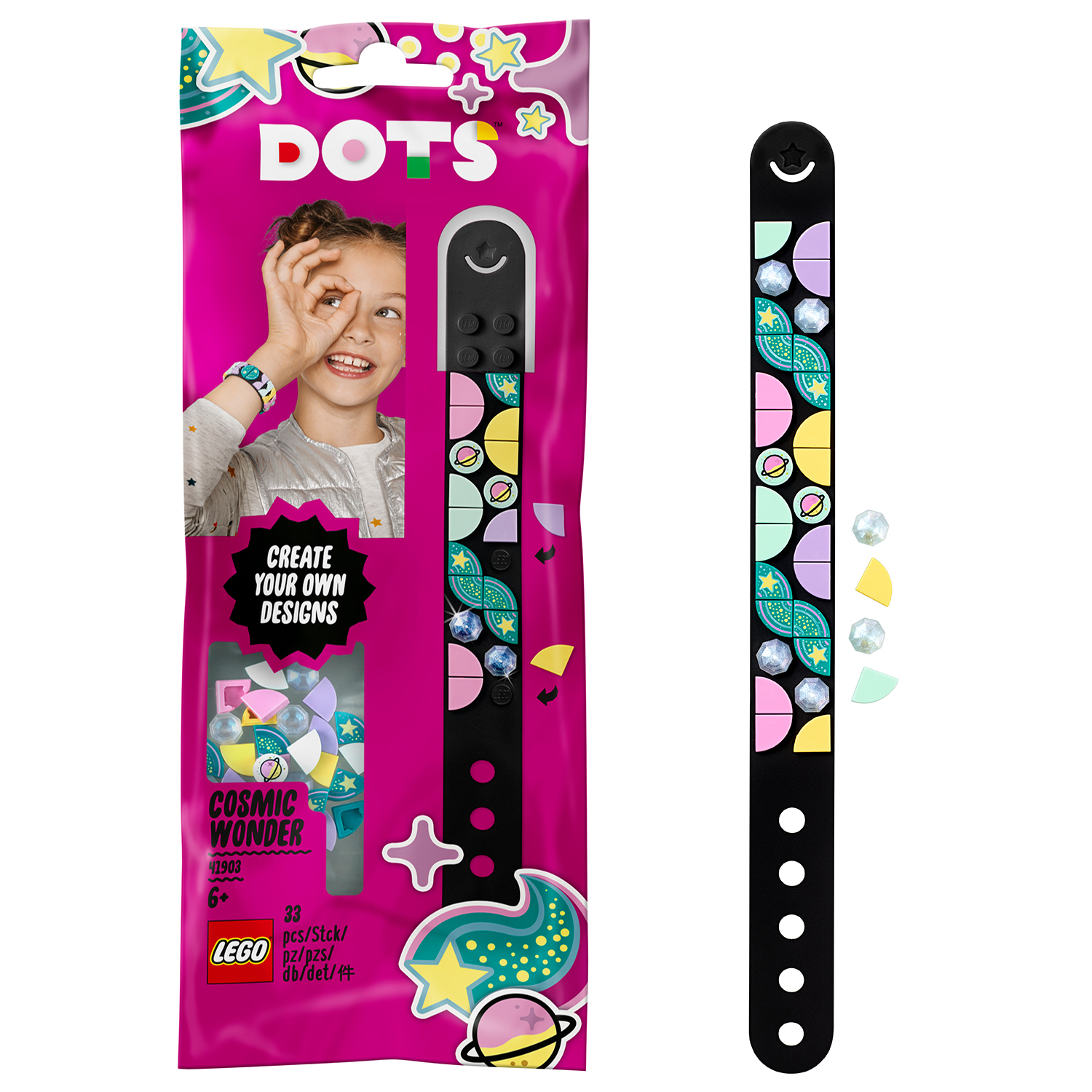 Set Lego Dots, un braccialetto nero con tessere colorate. Include una busta con tessere di design.