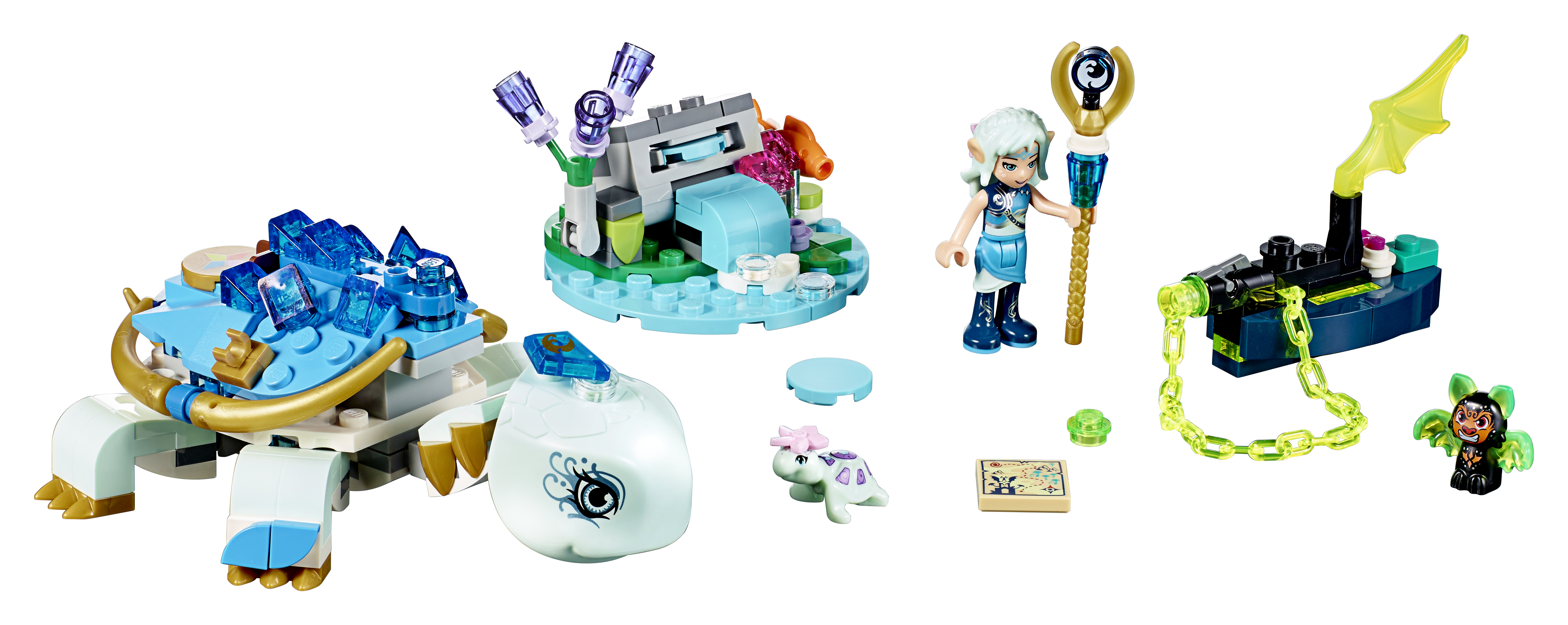 Set Lego Elves con una tartaruga, una cascata e un'elfa con un bastone. Scena colorata.